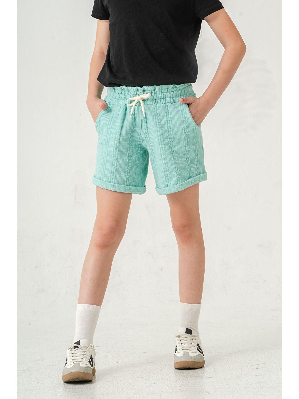 Yeşil Duble Paçalı Kız Çocuk Şort-5