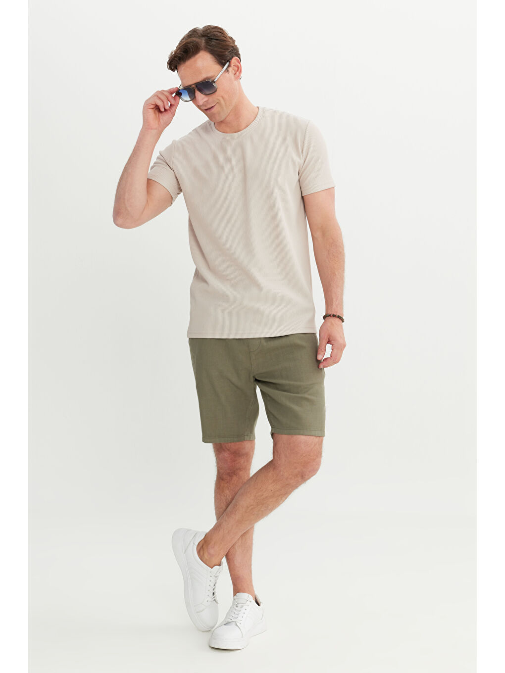 Bej Erkek Taş Slim Fit Dar Kesim Bisiklet Yaka Esnek Tişört-1