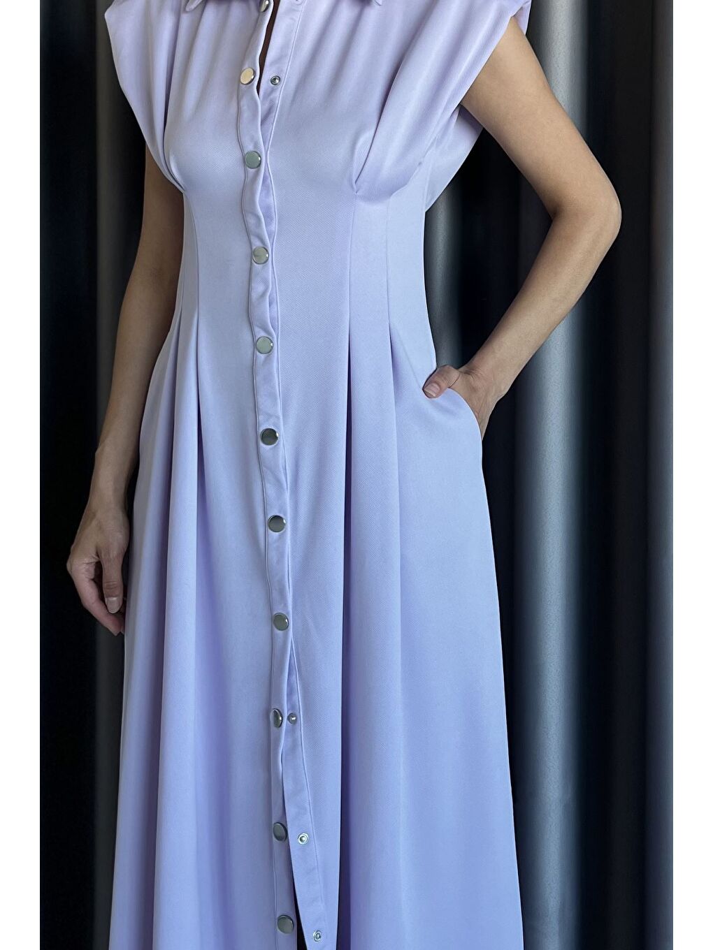 Lila Pileli Ön Çıtçıtlı Sıfır Kol Kadın Elbise-3