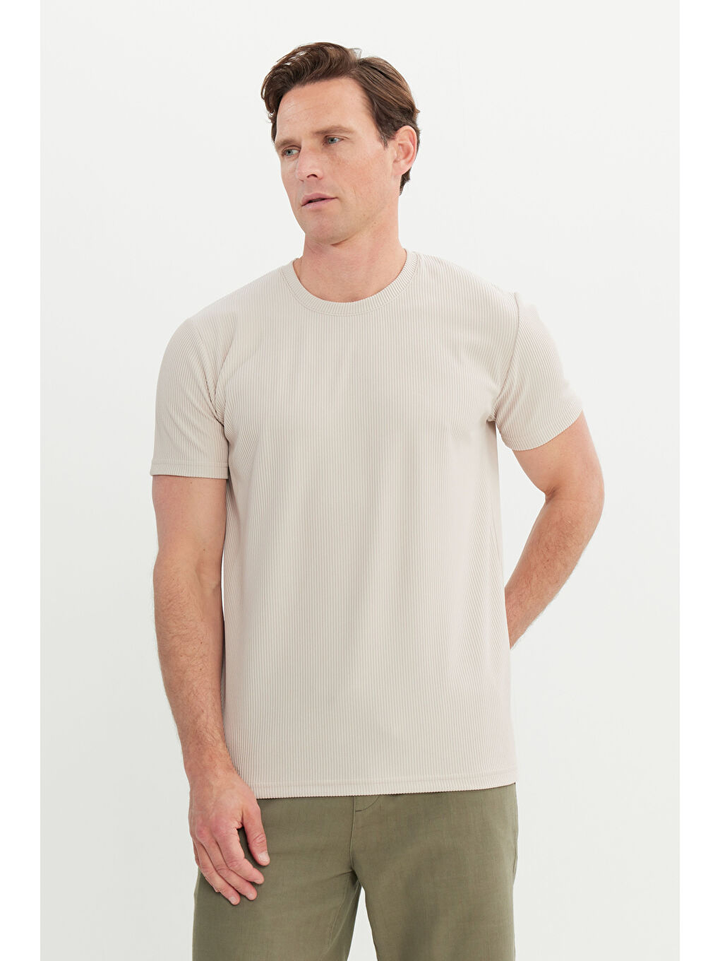 Bej Erkek Taş Slim Fit Dar Kesim Bisiklet Yaka Esnek Tişört-2