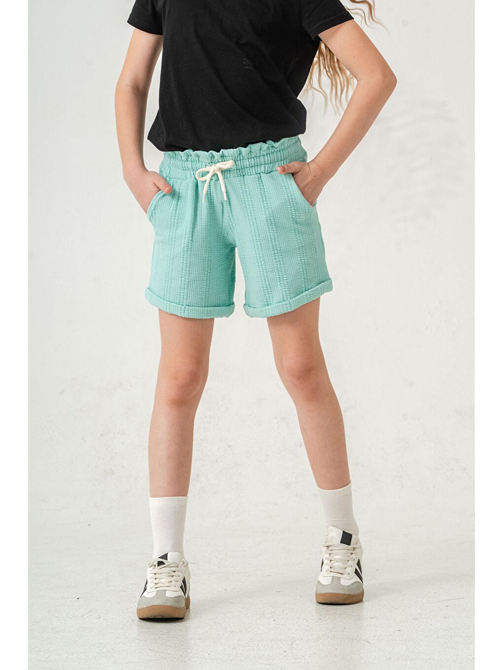Yeşil Duble Paçalı Kız Çocuk Şort-6