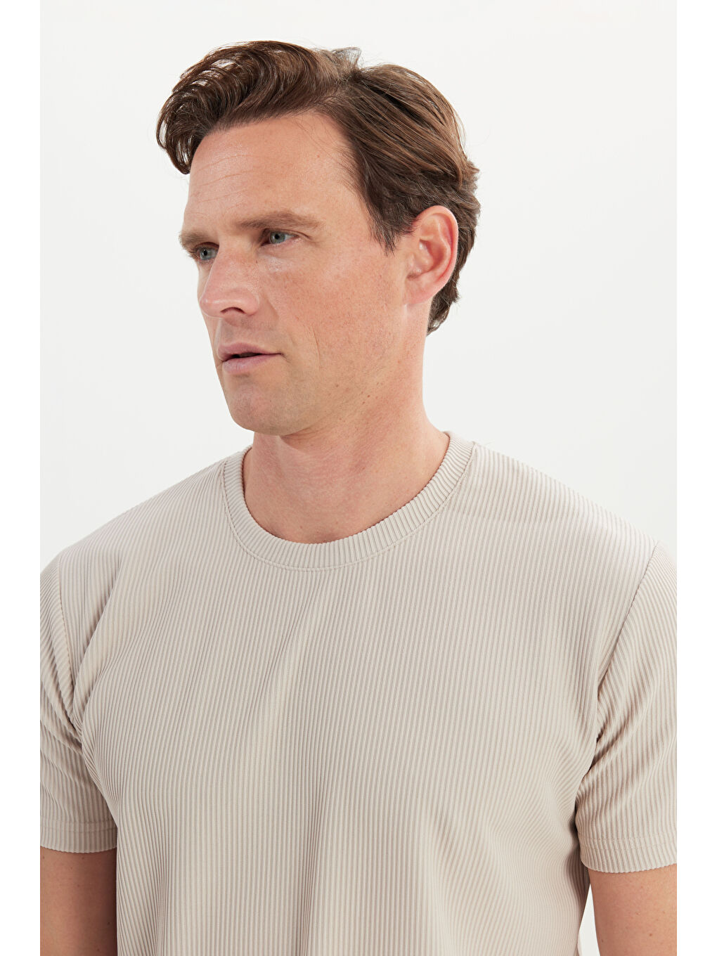 Bej Erkek Taş Slim Fit Dar Kesim Bisiklet Yaka Esnek Tişört-3