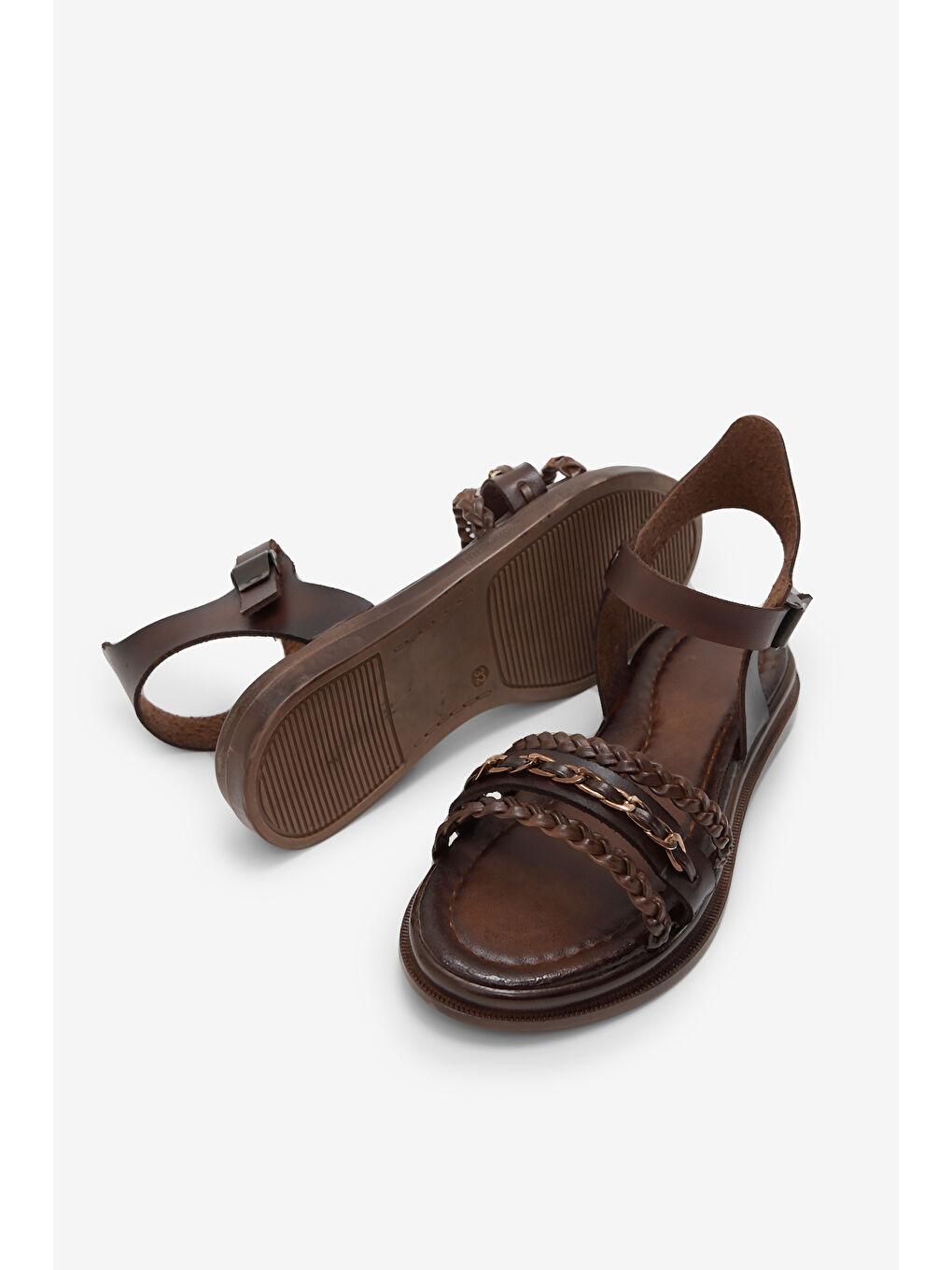 Kahverengi Kız Çocuk Taba Rahat Kalıp Örgülü Düz Sandalet-3