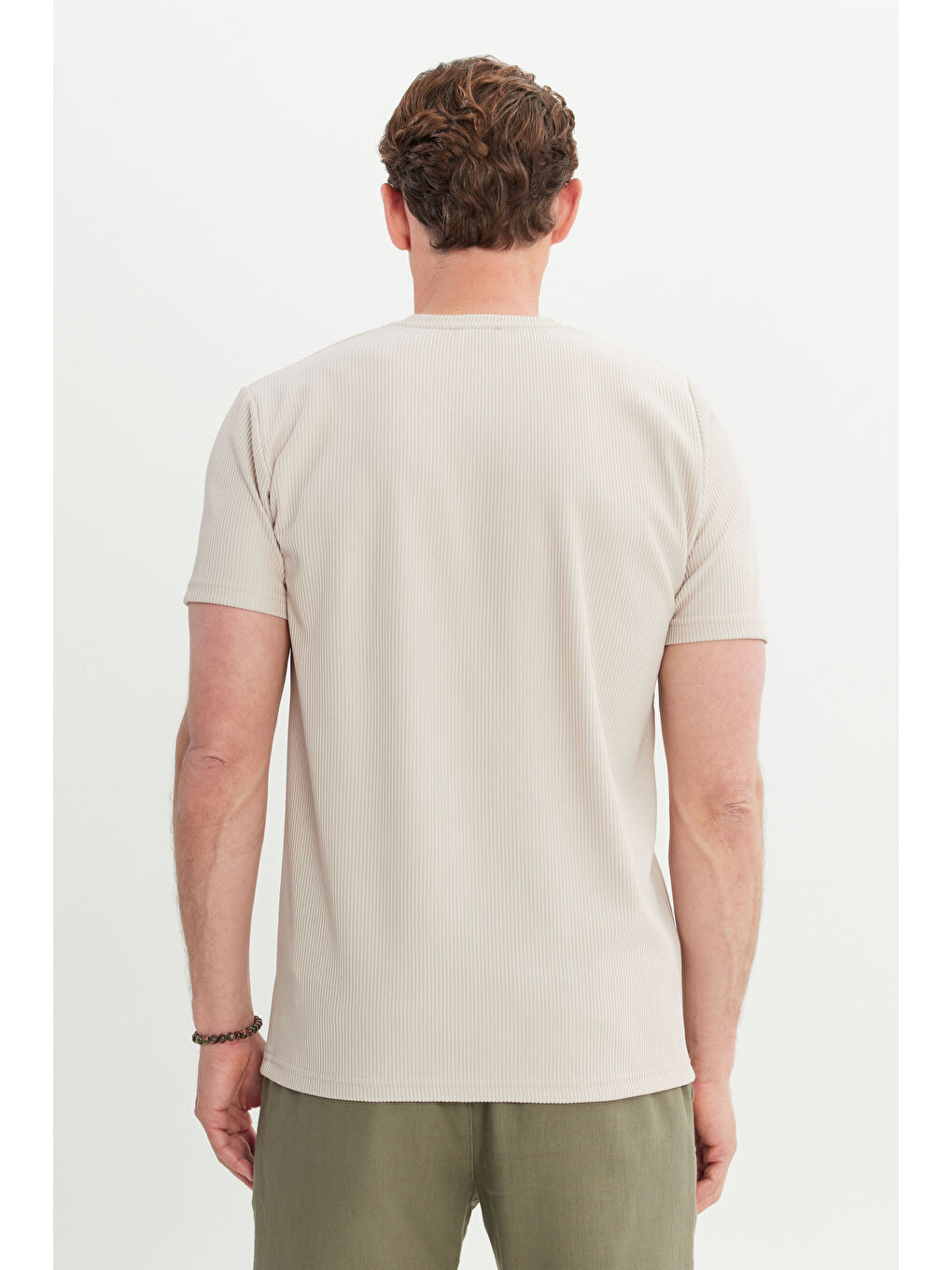 Bej Erkek Taş Slim Fit Dar Kesim Bisiklet Yaka Esnek Tişört-4