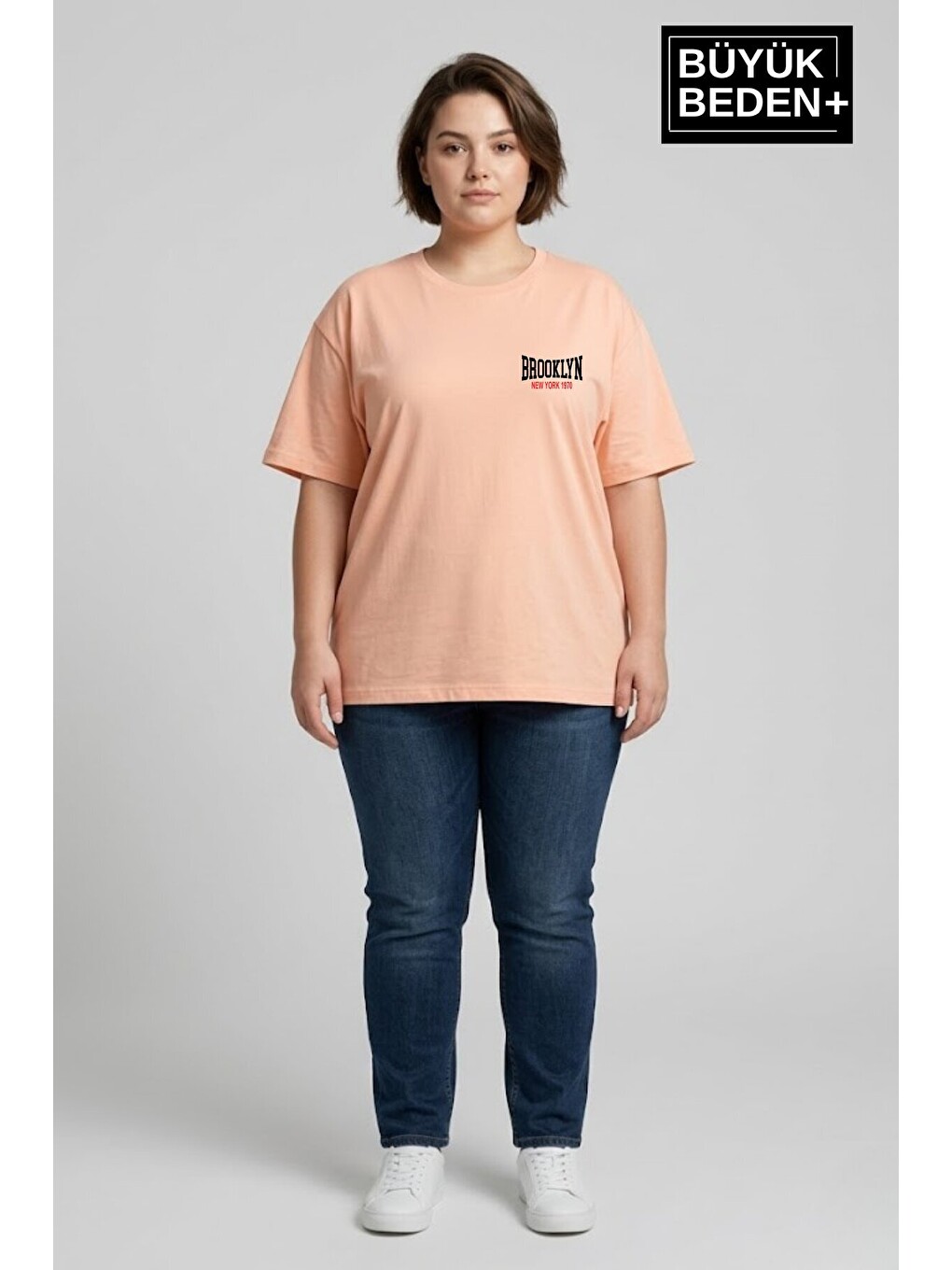 Turuncu Kadın Büyük Beden Brooklyn 1970 Baskılı 3xl-6xl Bisiklet Yaka Tshırt SPR25BTSK510-3