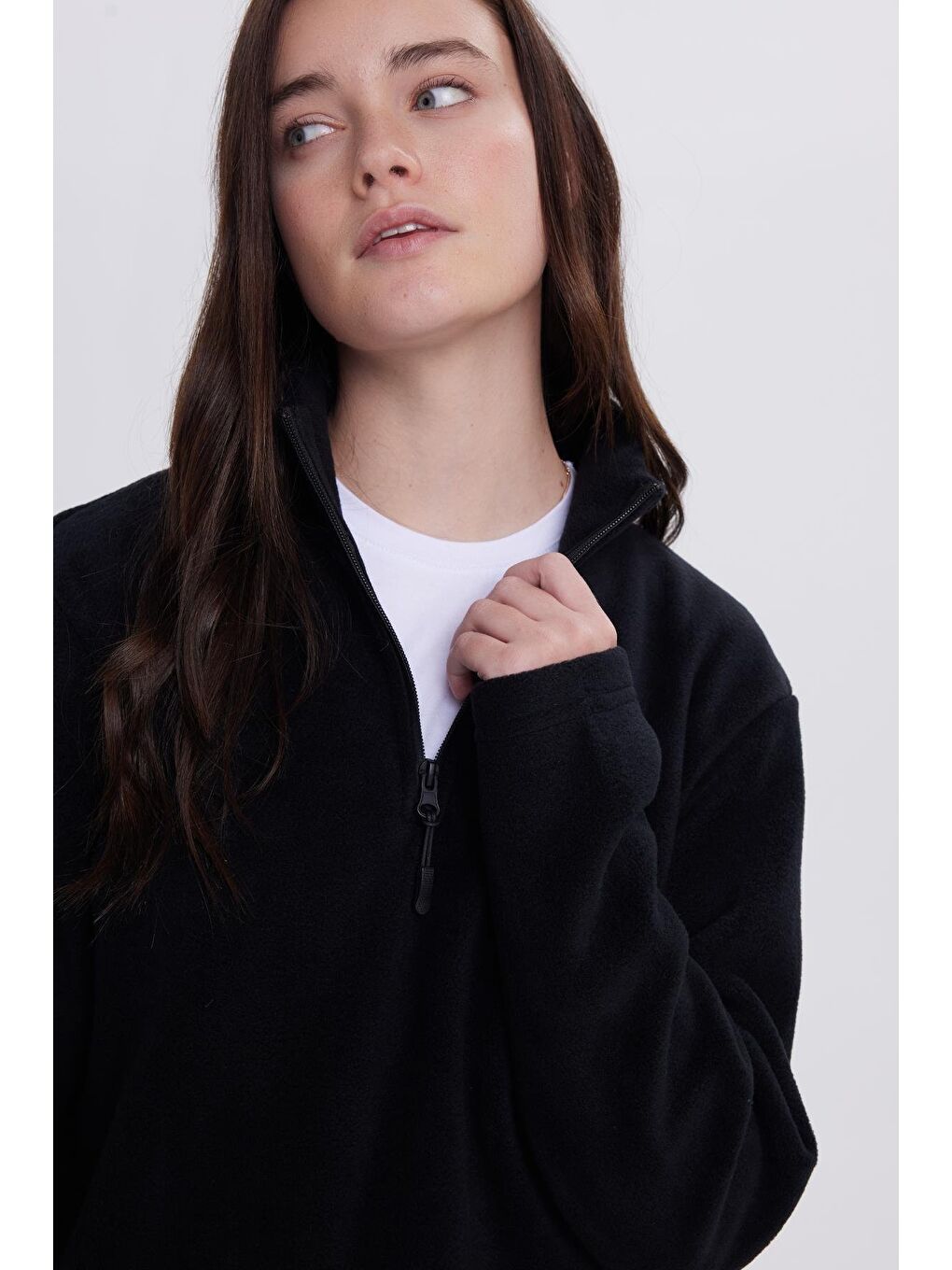 Kadın Standart Fit Anti-Pilling Tüylenme Yapmayan Soğuk Geçirmez Siyah Bato Yaka Polar Sweatshirt