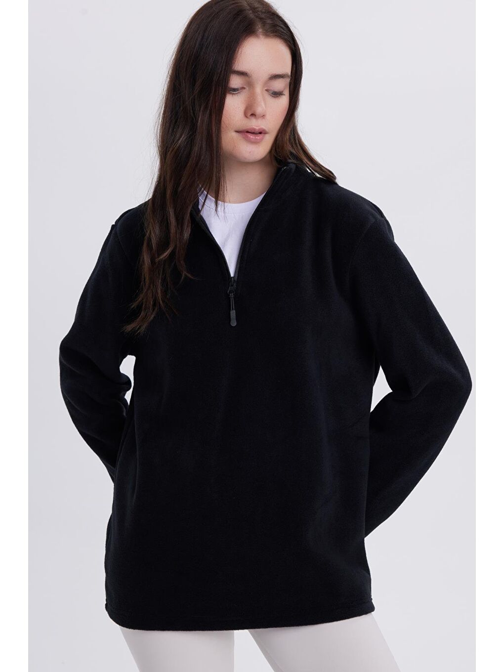 Kadın Standart Fit Anti-Pilling Tüylenme Yapmayan Soğuk Geçirmez Siyah Bato Yaka Polar Sweatshirt-1