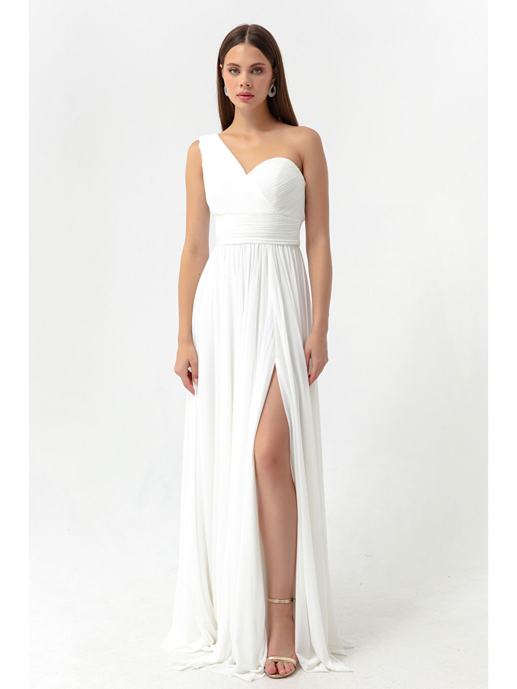 Kadın Beyaz Tek Omuz Yırtmaçlı Uzun Abiye Elbise-2