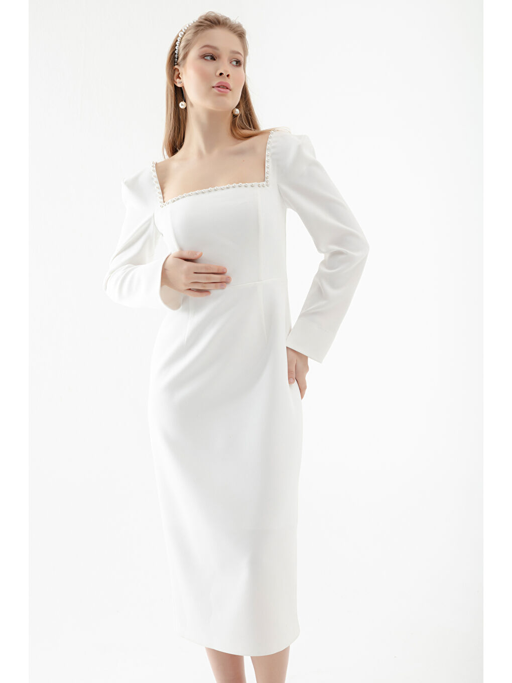 Kadın Beyaz Kare Yaka İncili Midi Abiye Elbise-1