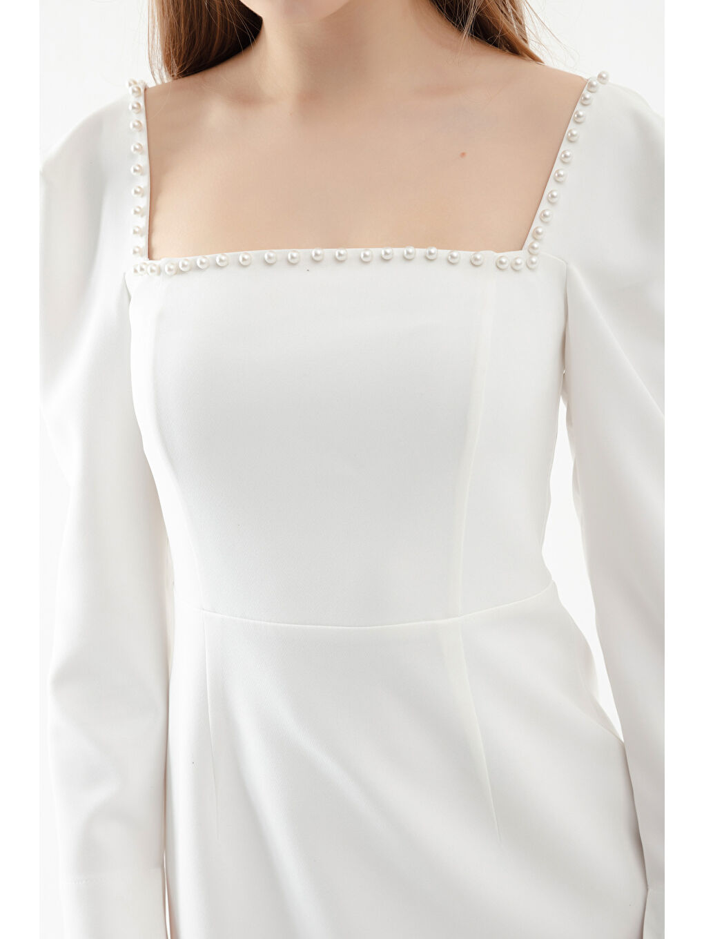 Kadın Beyaz Kare Yaka İncili Midi Abiye Elbise-2