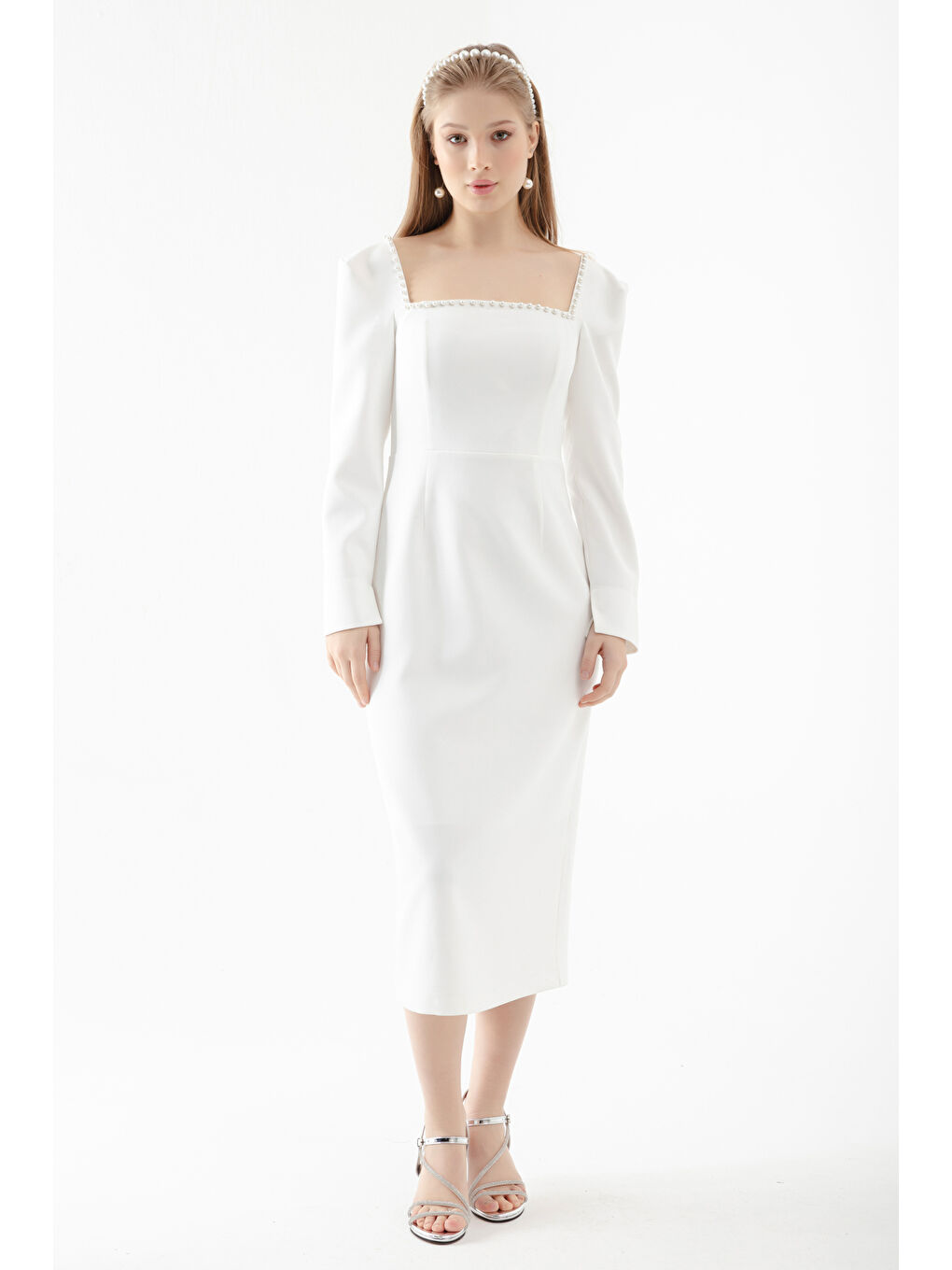 Kadın Beyaz Kare Yaka İncili Midi Abiye Elbise-3