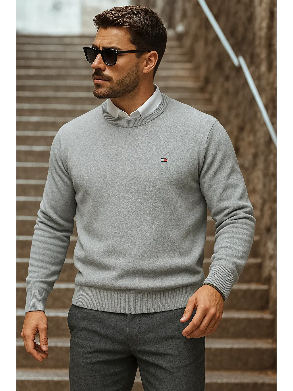 Erkek Günlük Trend Bisiklet Yaka Gri Triko Kazak