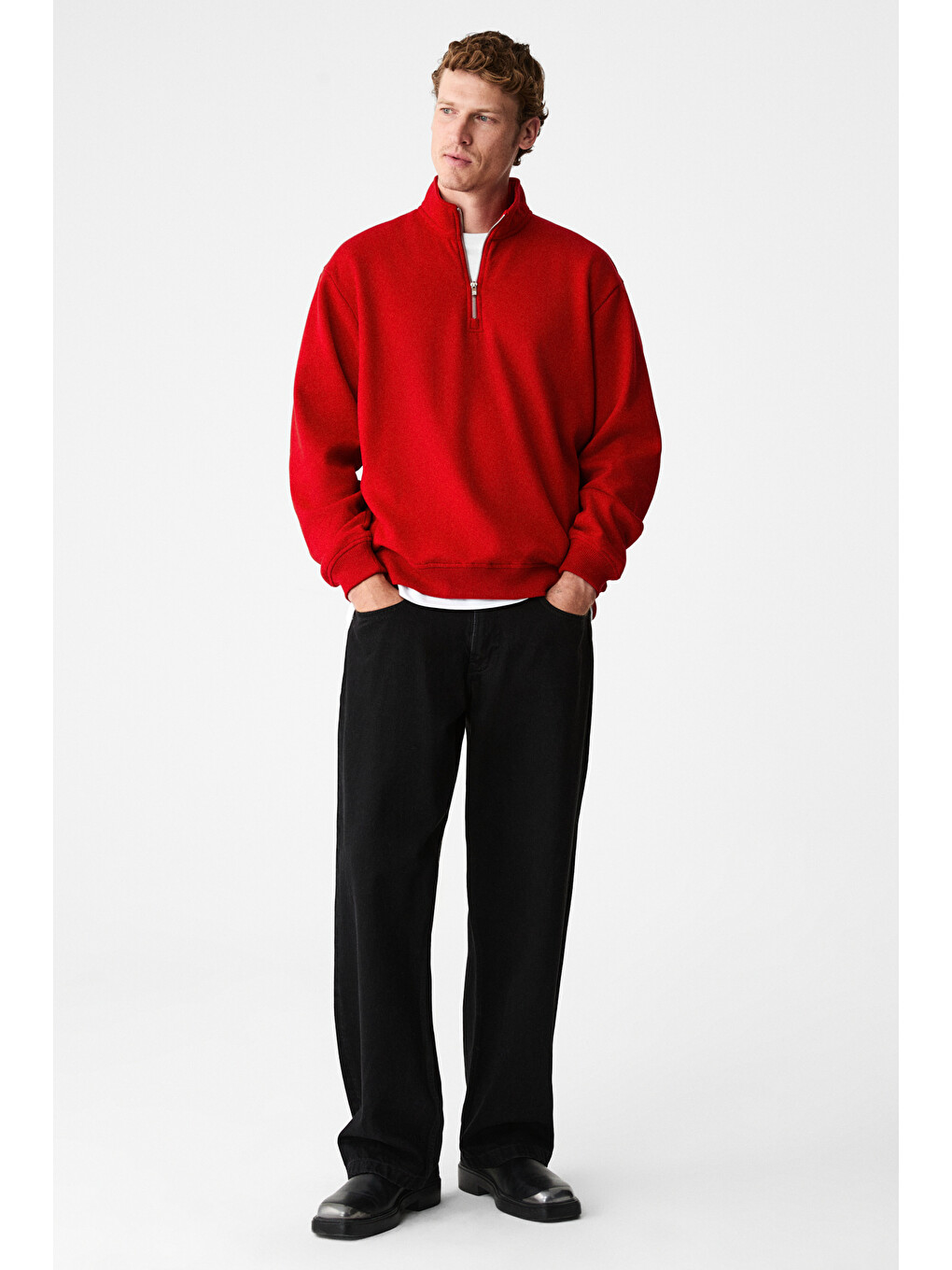 Velvety Erkek Pamuklu İçi Polarlı Dik Yaka Fermuarlı Uzun Kollu Regular Fit Kırmızı Sweatshirt