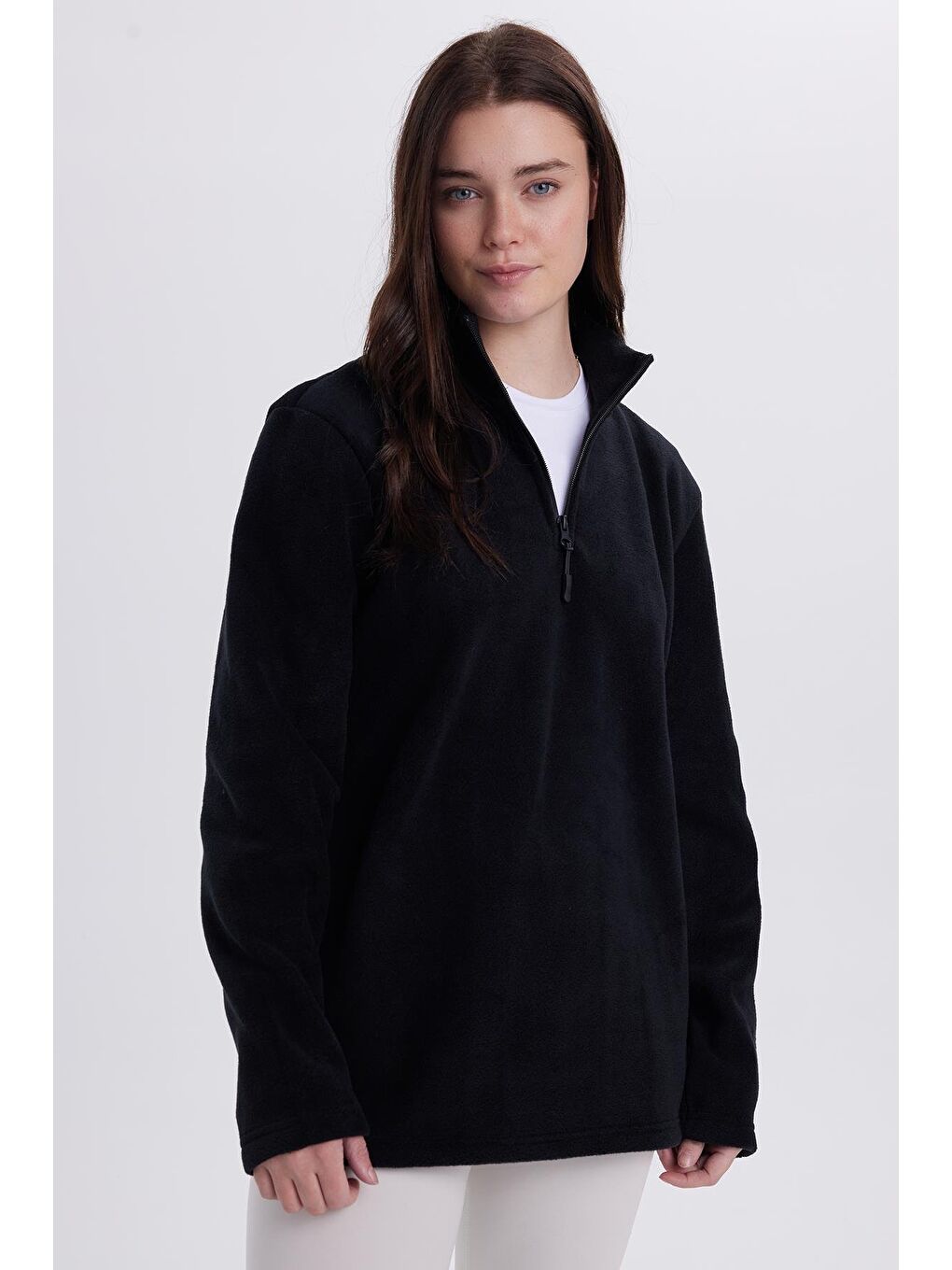 Kadın Standart Fit Anti-Pilling Tüylenme Yapmayan Soğuk Geçirmez Siyah Bato Yaka Polar Sweatshirt-4