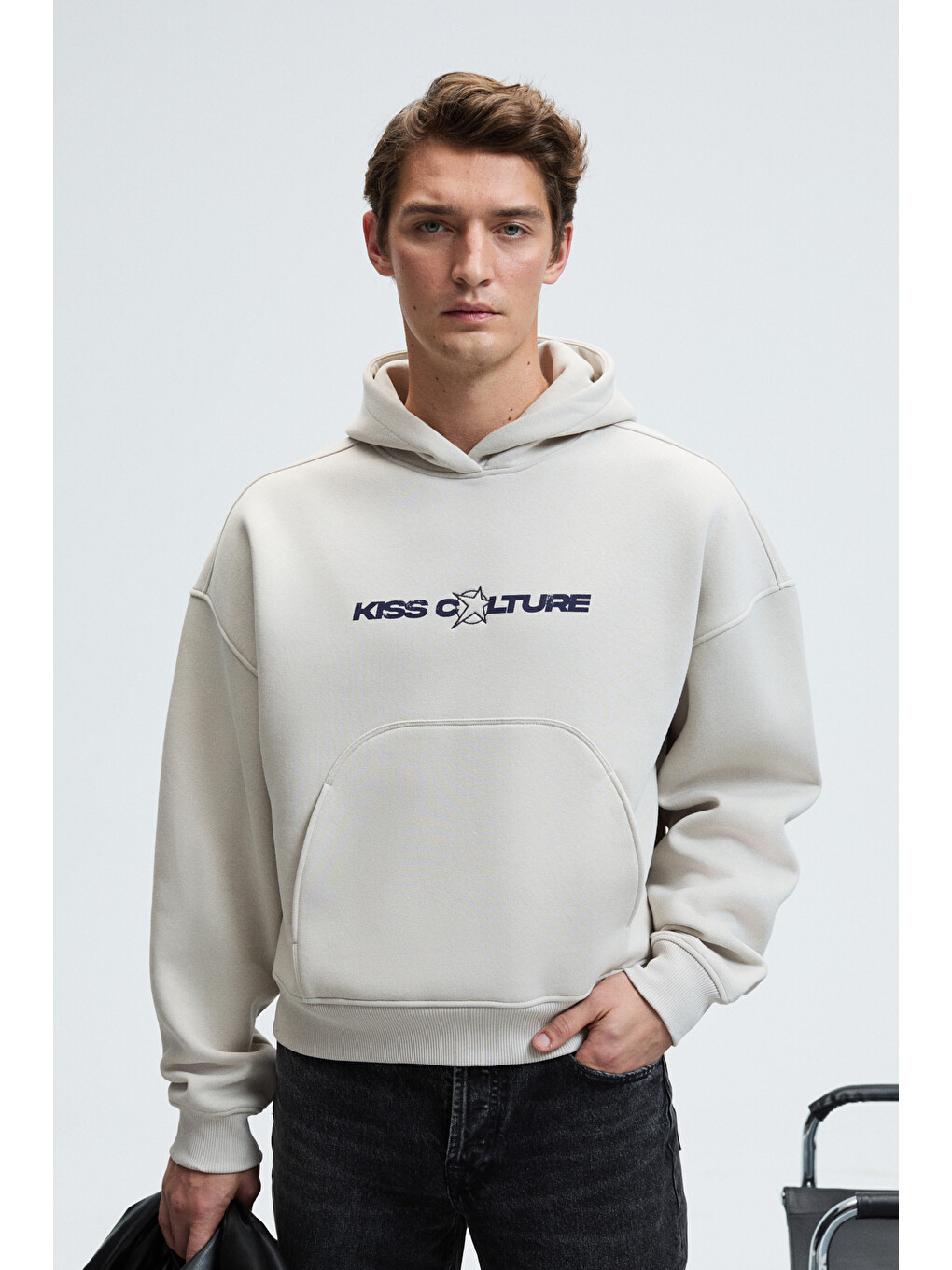 Truett Erkek Kapüşonlu Kanguru Cepli Önü Ve Sırtı Baskılı Oversize Gri Sweatshirt-1
