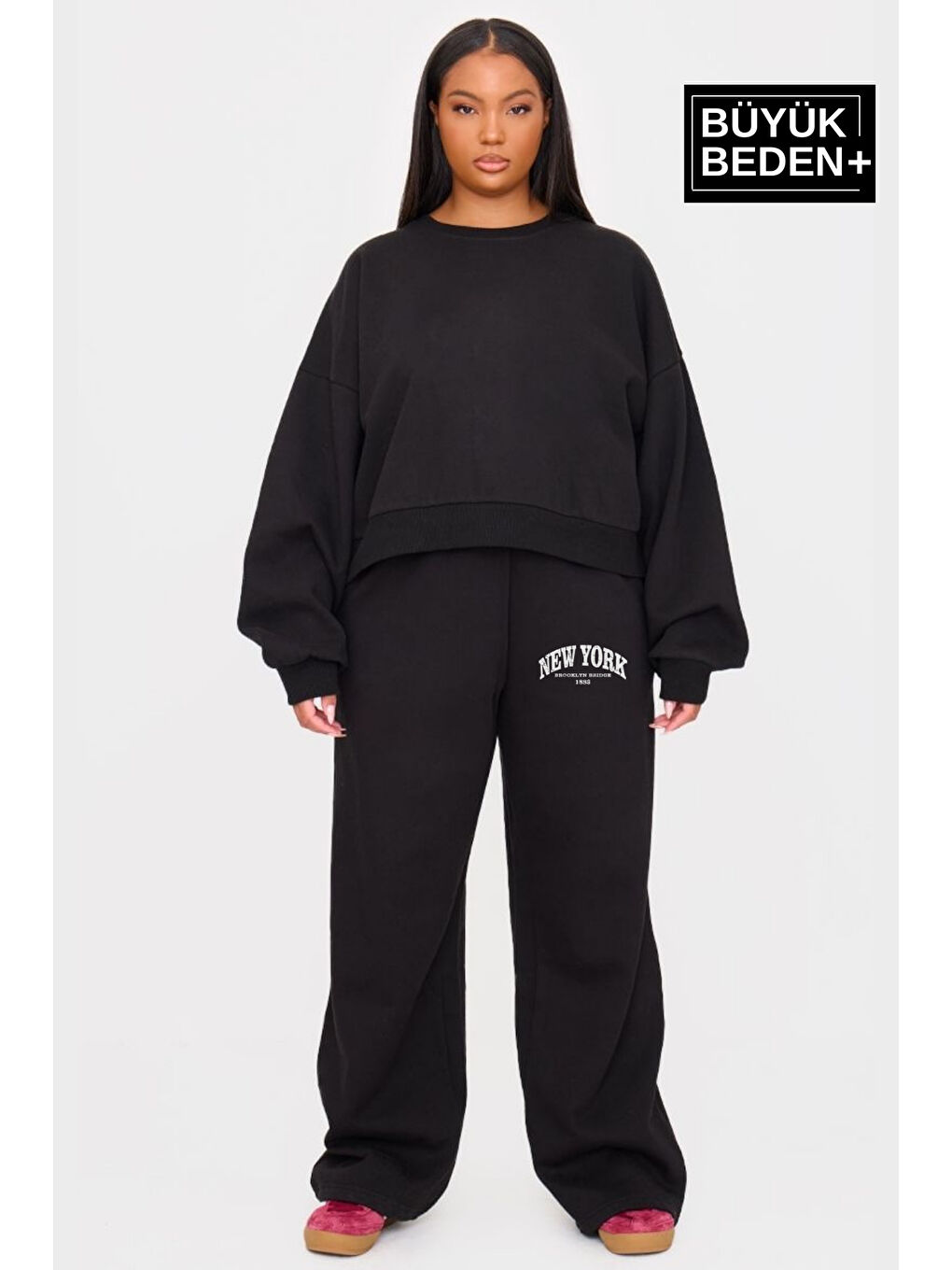 Siyah Kadın Büyük Beden New York Baskılı İnce Eşofman Altı SPR24BEAK47