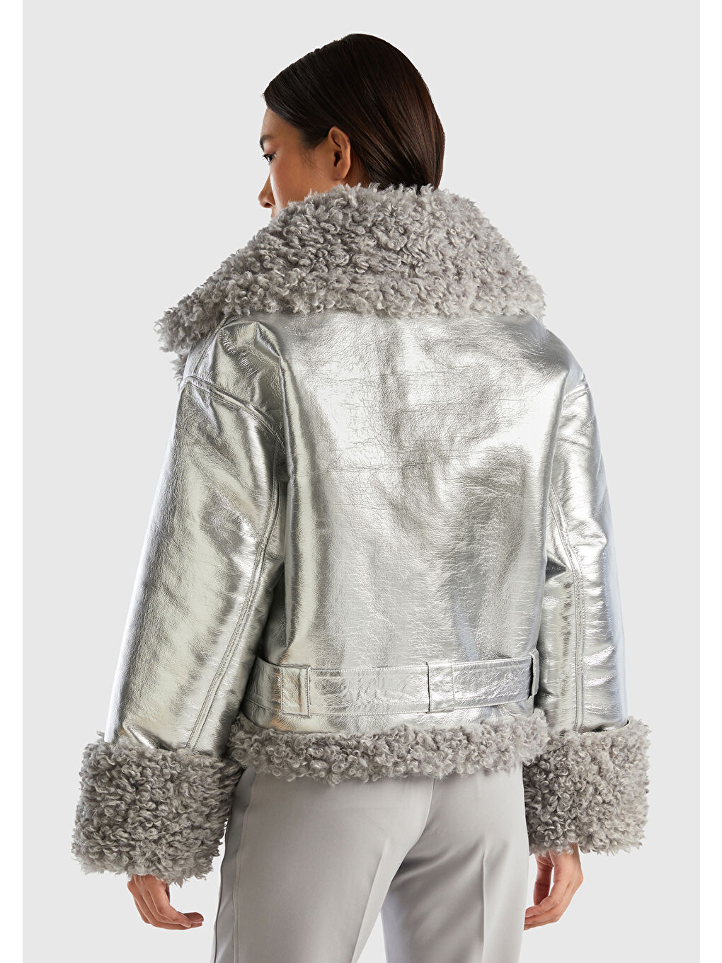 Gri Kadın Gümüş Şal Yaka Suni Görünümlü Ceket-2