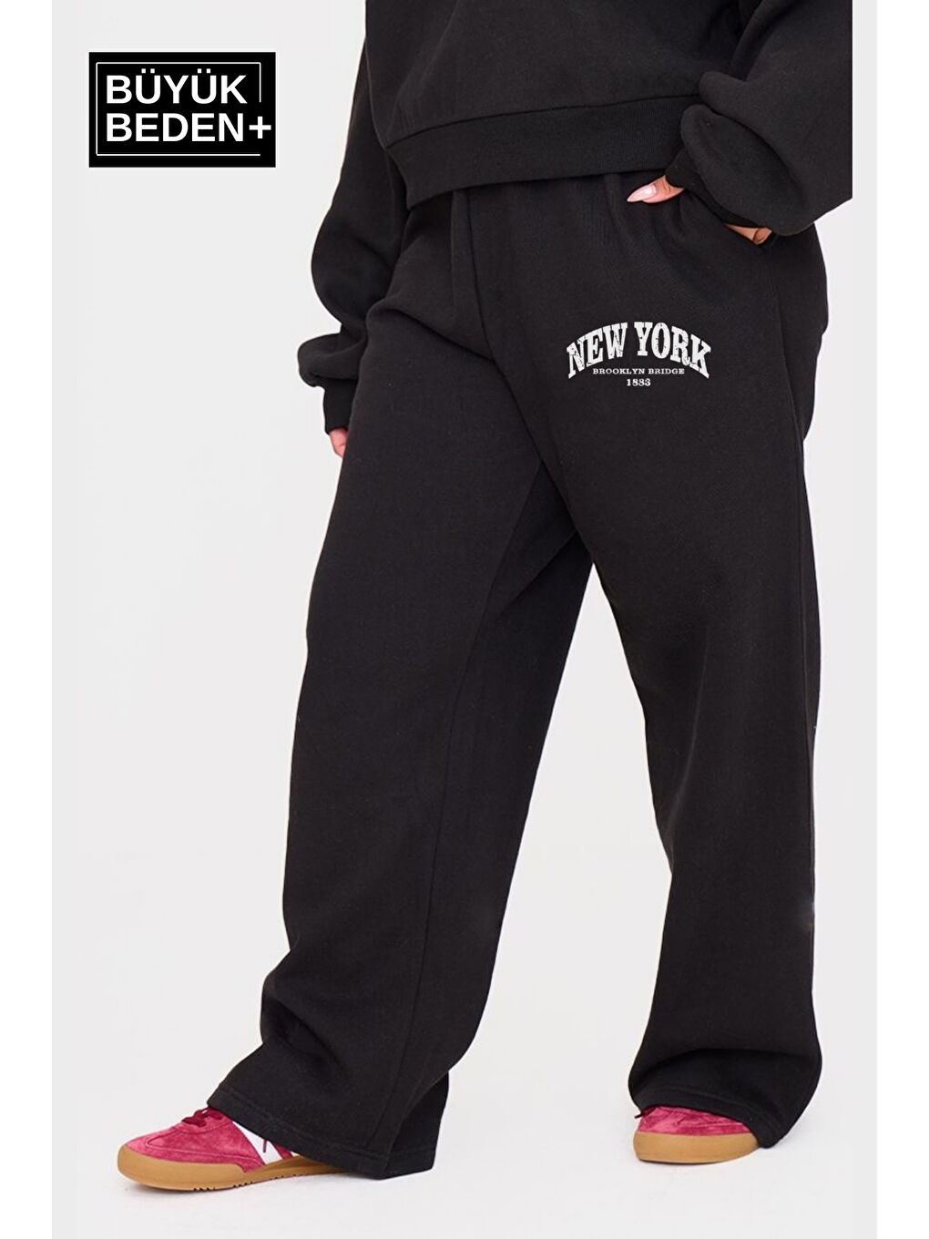 Siyah Kadın Büyük Beden New York Baskılı İnce Eşofman Altı SPR24BEAK47-1