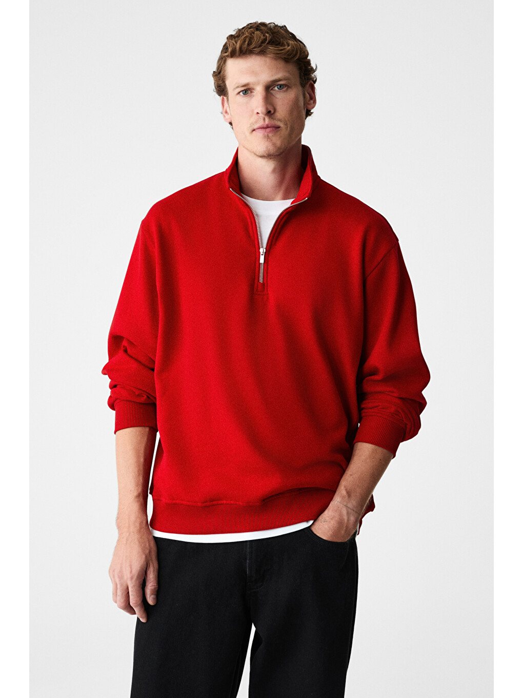 Velvety Erkek Pamuklu İçi Polarlı Dik Yaka Fermuarlı Uzun Kollu Regular Fit Kırmızı Sweatshirt-1