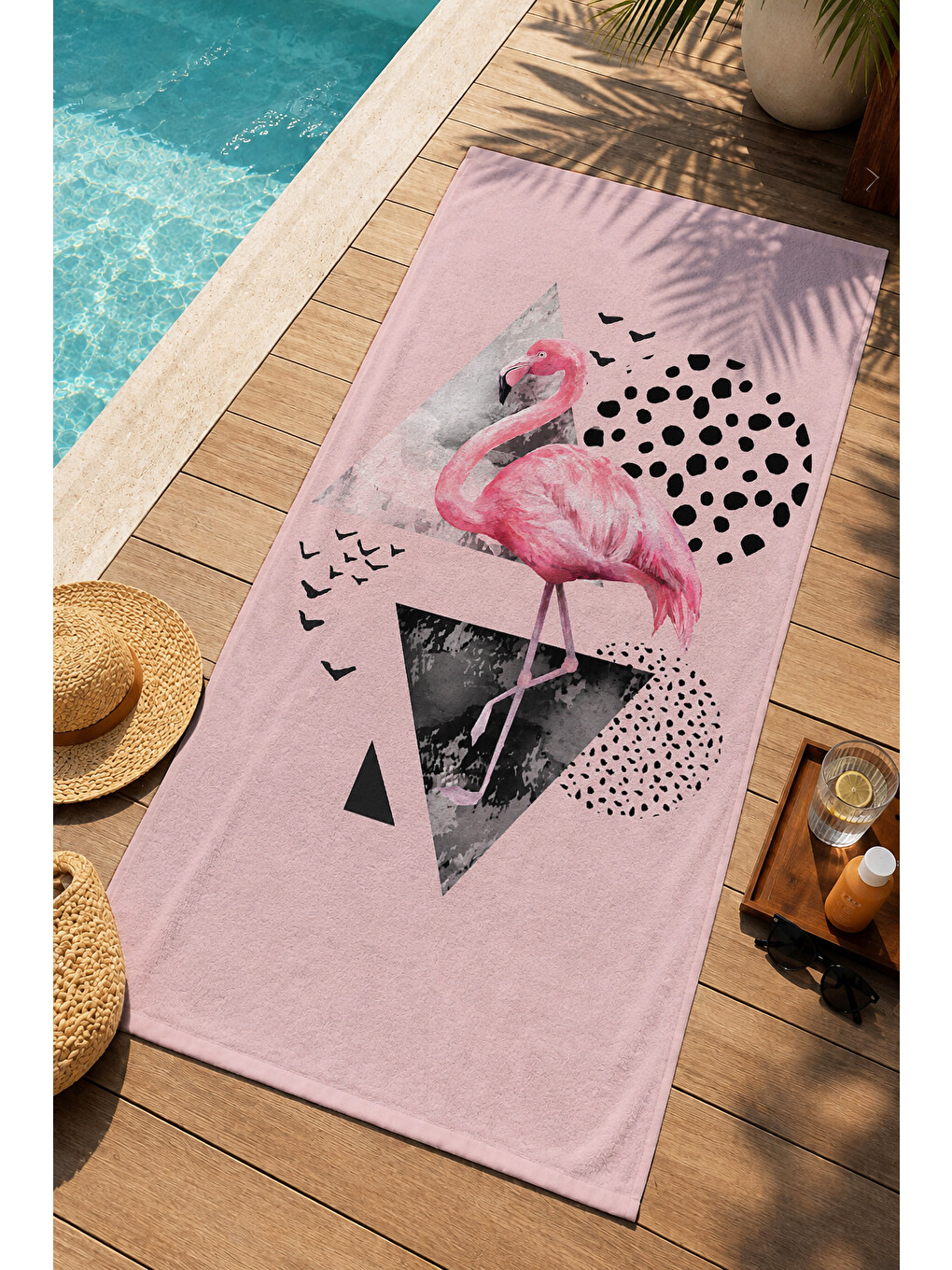 Modern Pembe Flamingo Geometrik Yazlık Desenli 70x150 Plaj Havlusu - Pamuklu Banyo Havlusu-2