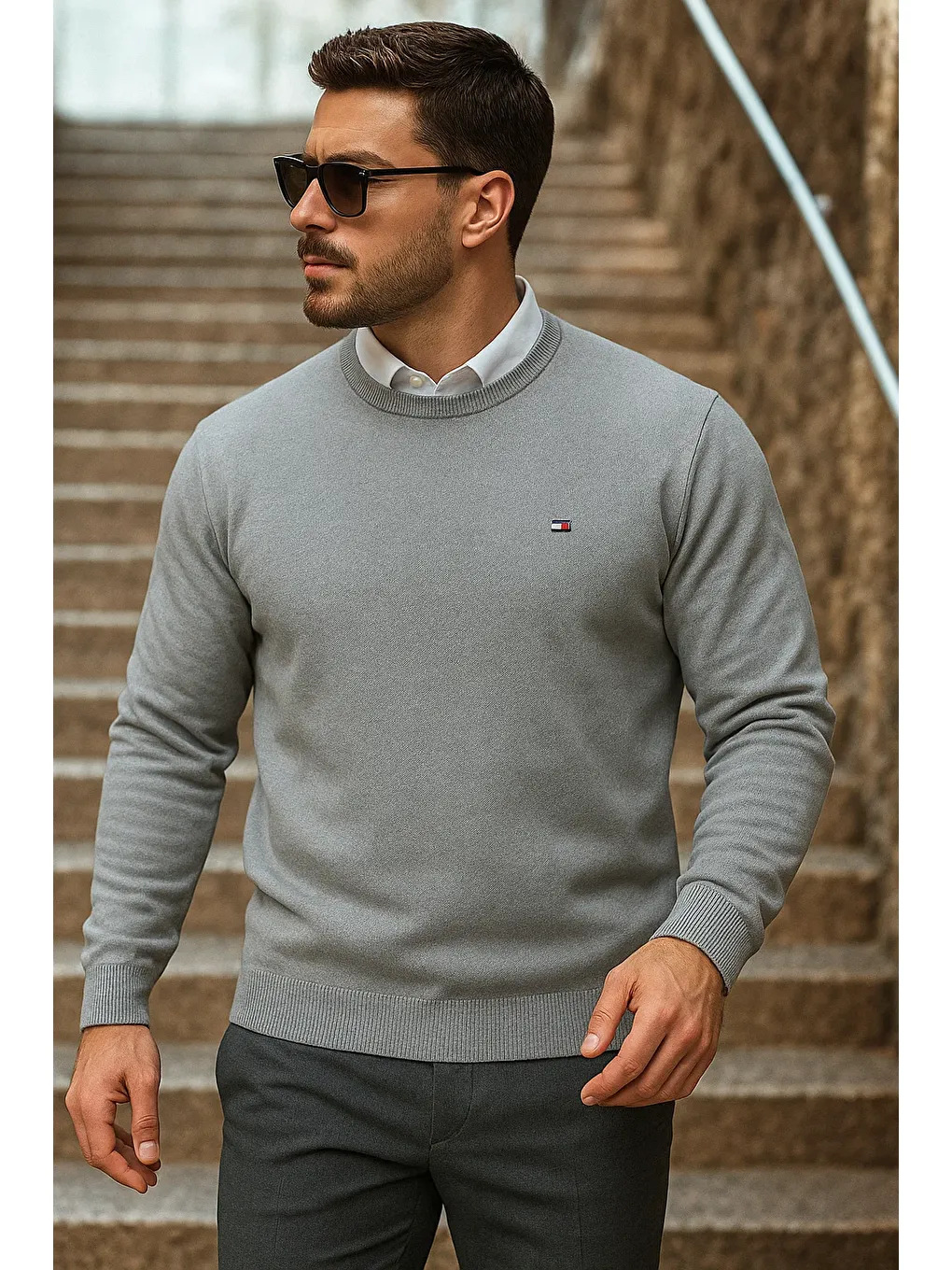 Erkek Günlük Trend Bisiklet Yaka Gri Triko Kazak-1