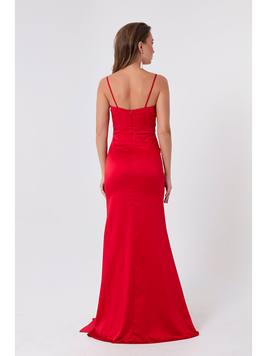 Kadın Kırmızı Askılı Uzun Saten Abiye Elbise & Mezuniyet Elbisesi-4