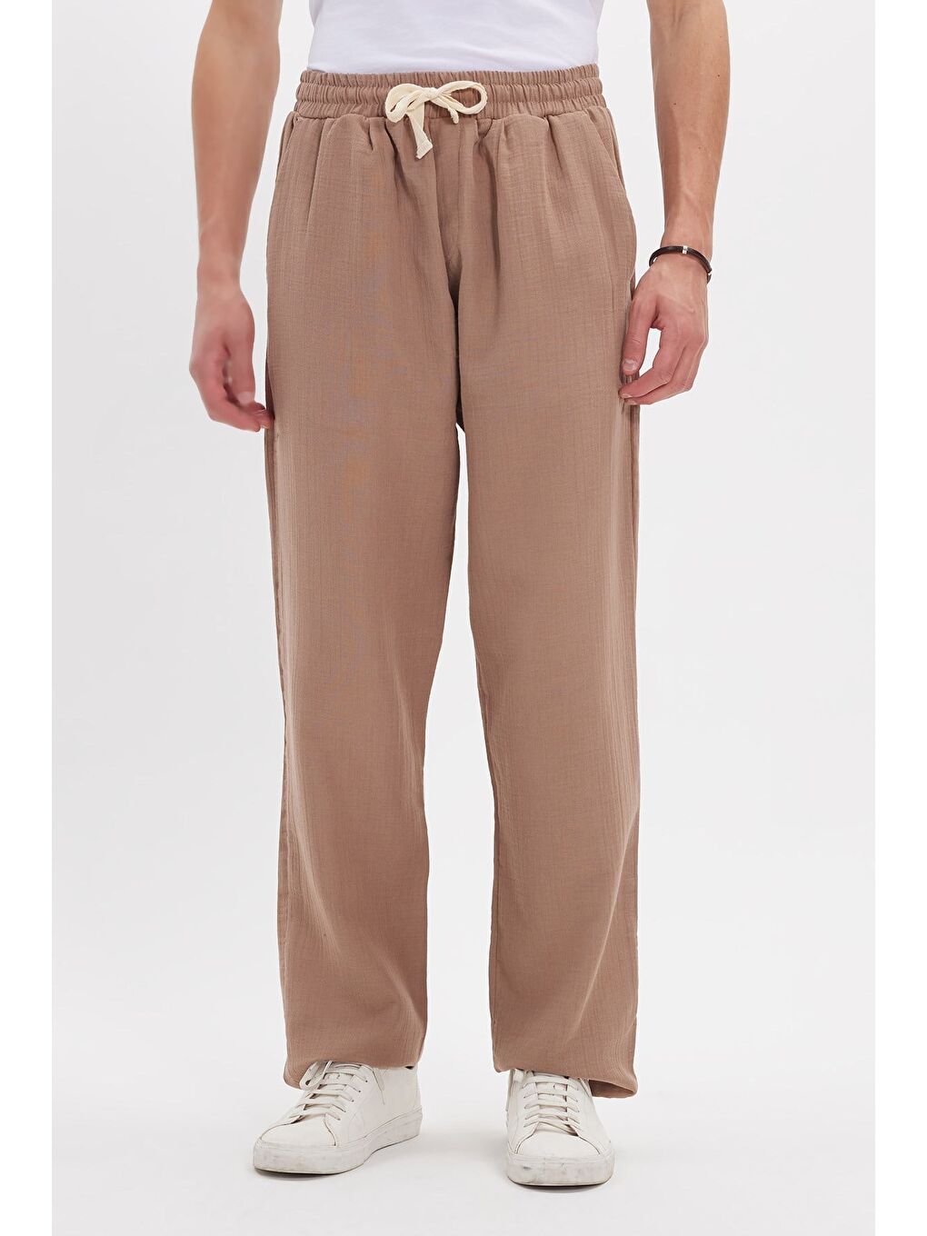 Erkek Baggy Fit Geniş Kesim %100 Pamuk Beli Lastikli Yandan Cepli Müslin Bej Düz Pantolon