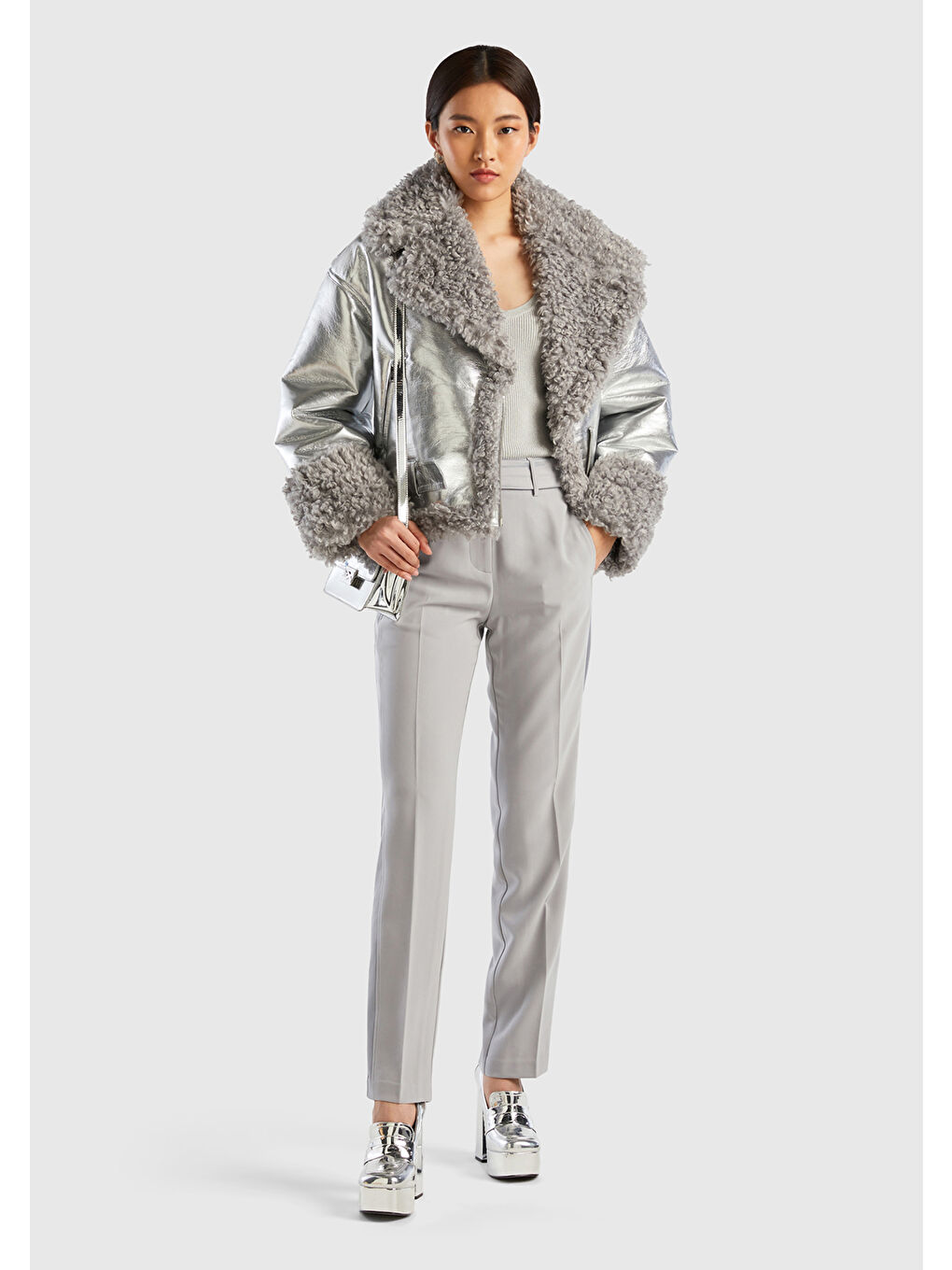 Gri Kadın Gümüş Şal Yaka Suni Görünümlü Ceket-4