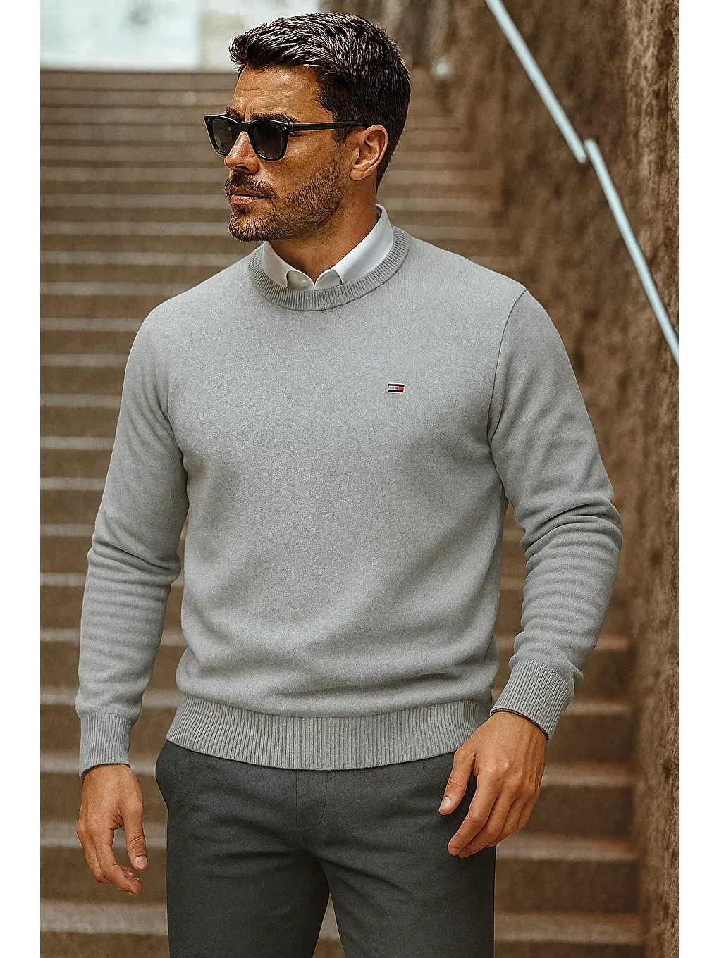 Erkek Günlük Trend Bisiklet Yaka Gri Triko Kazak-2