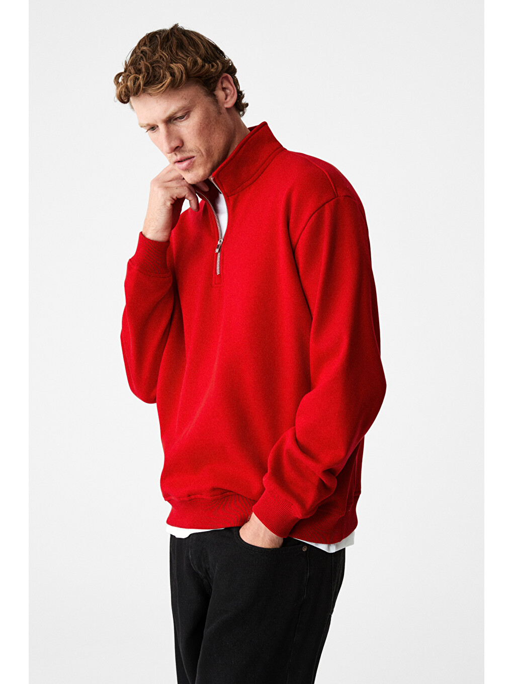 Velvety Erkek Pamuklu İçi Polarlı Dik Yaka Fermuarlı Uzun Kollu Regular Fit Kırmızı Sweatshirt-2