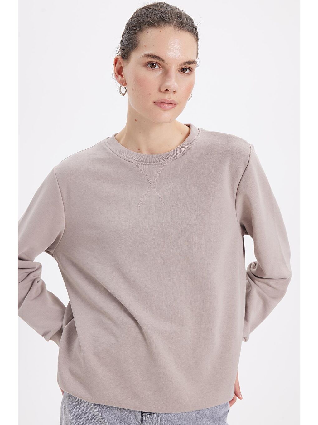 Kadın Oversize Geniş Kesim %100 Pamuk 3 İplik Basic Bej Bisiklet Yaka Sweatshirt