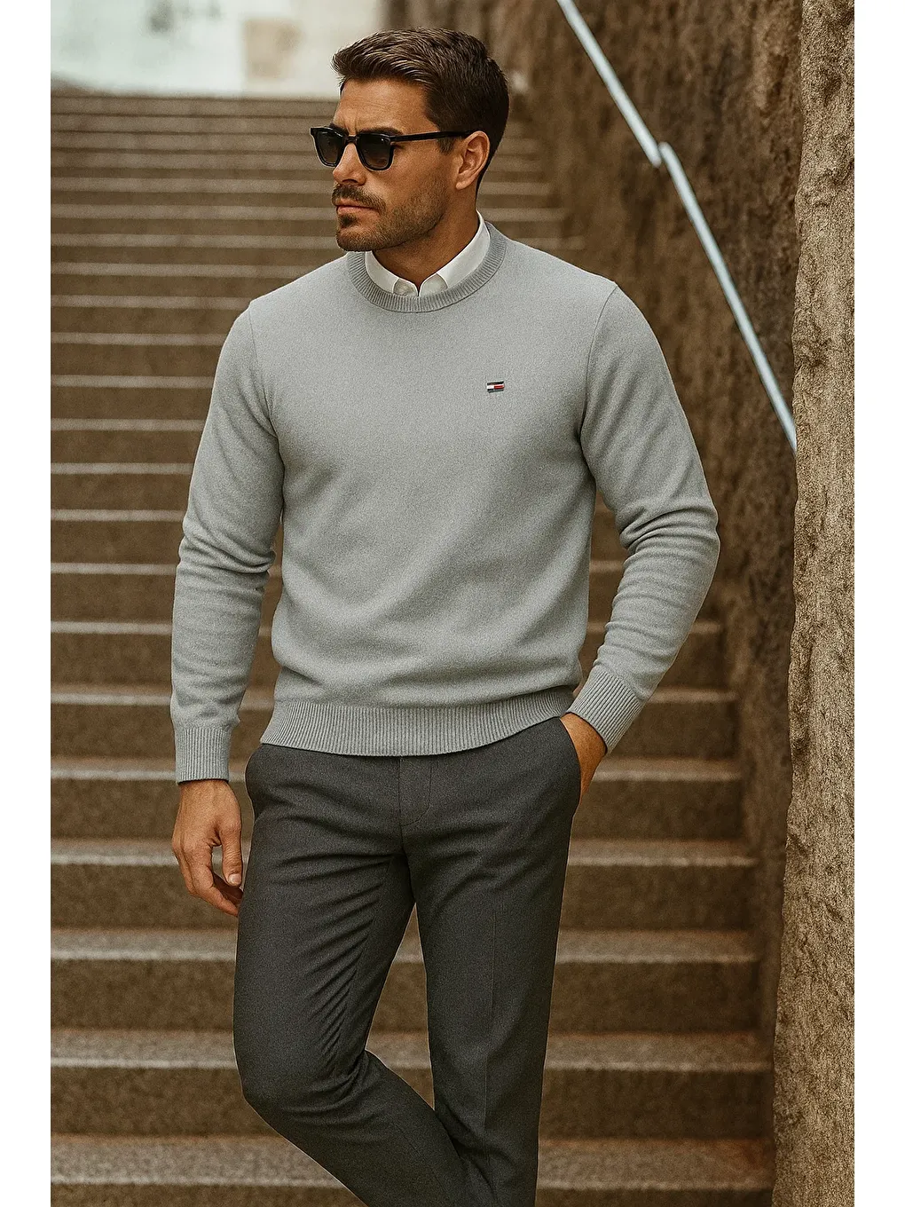 Erkek Günlük Trend Bisiklet Yaka Gri Triko Kazak-3