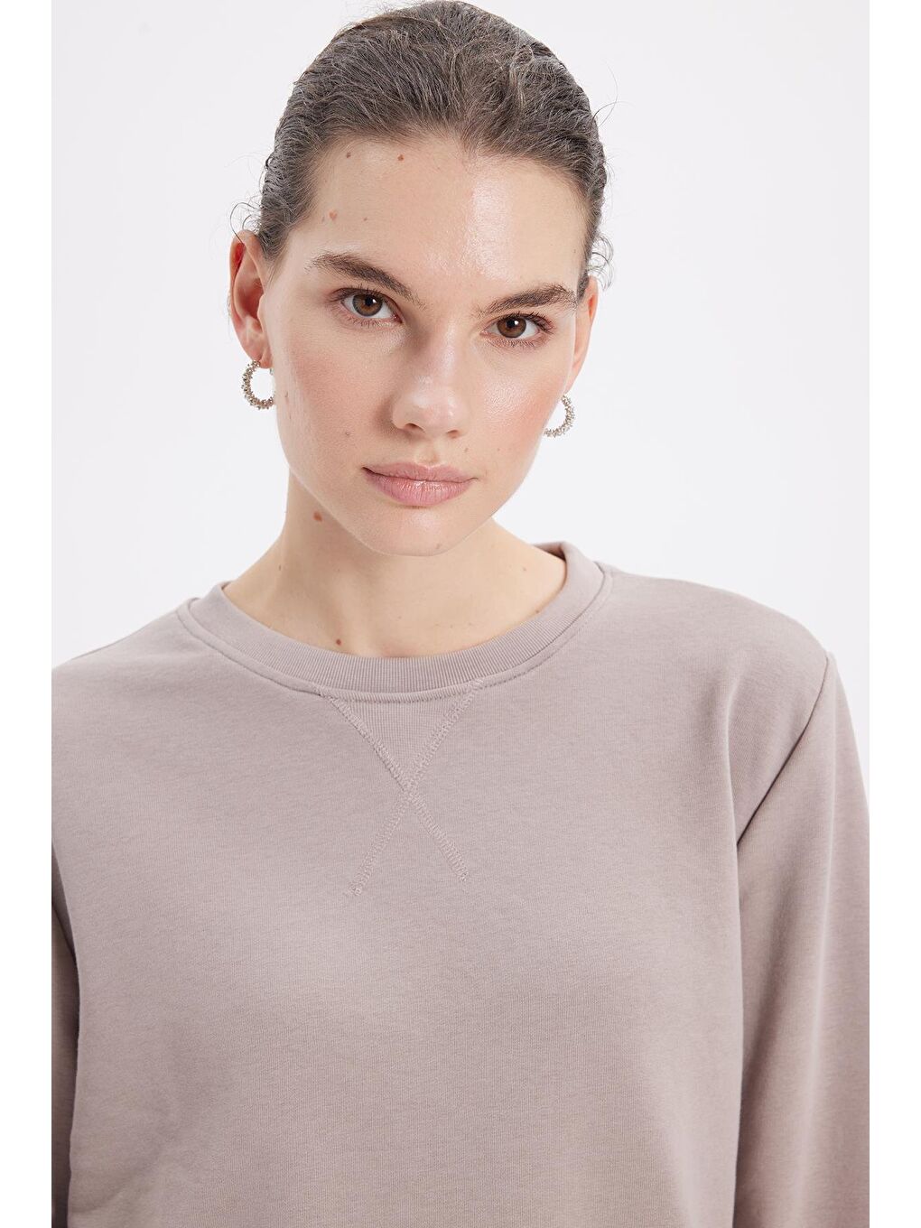 Kadın Oversize Geniş Kesim %100 Pamuk 3 İplik Basic Bej Bisiklet Yaka Sweatshirt-1