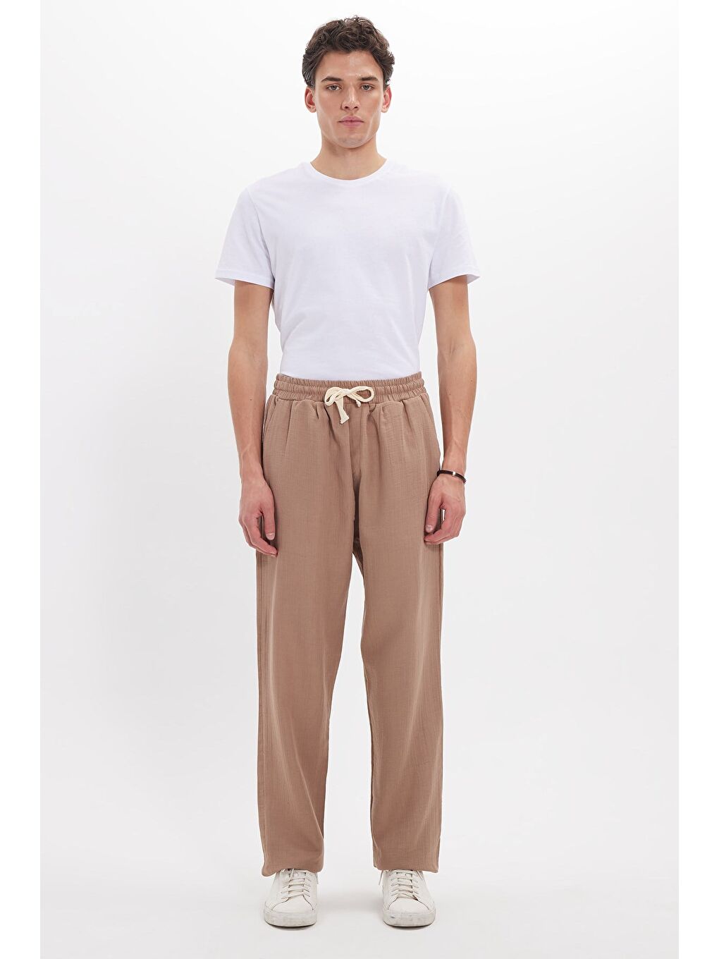 Erkek Baggy Fit Geniş Kesim %100 Pamuk Beli Lastikli Yandan Cepli Müslin Bej Düz Pantolon-1