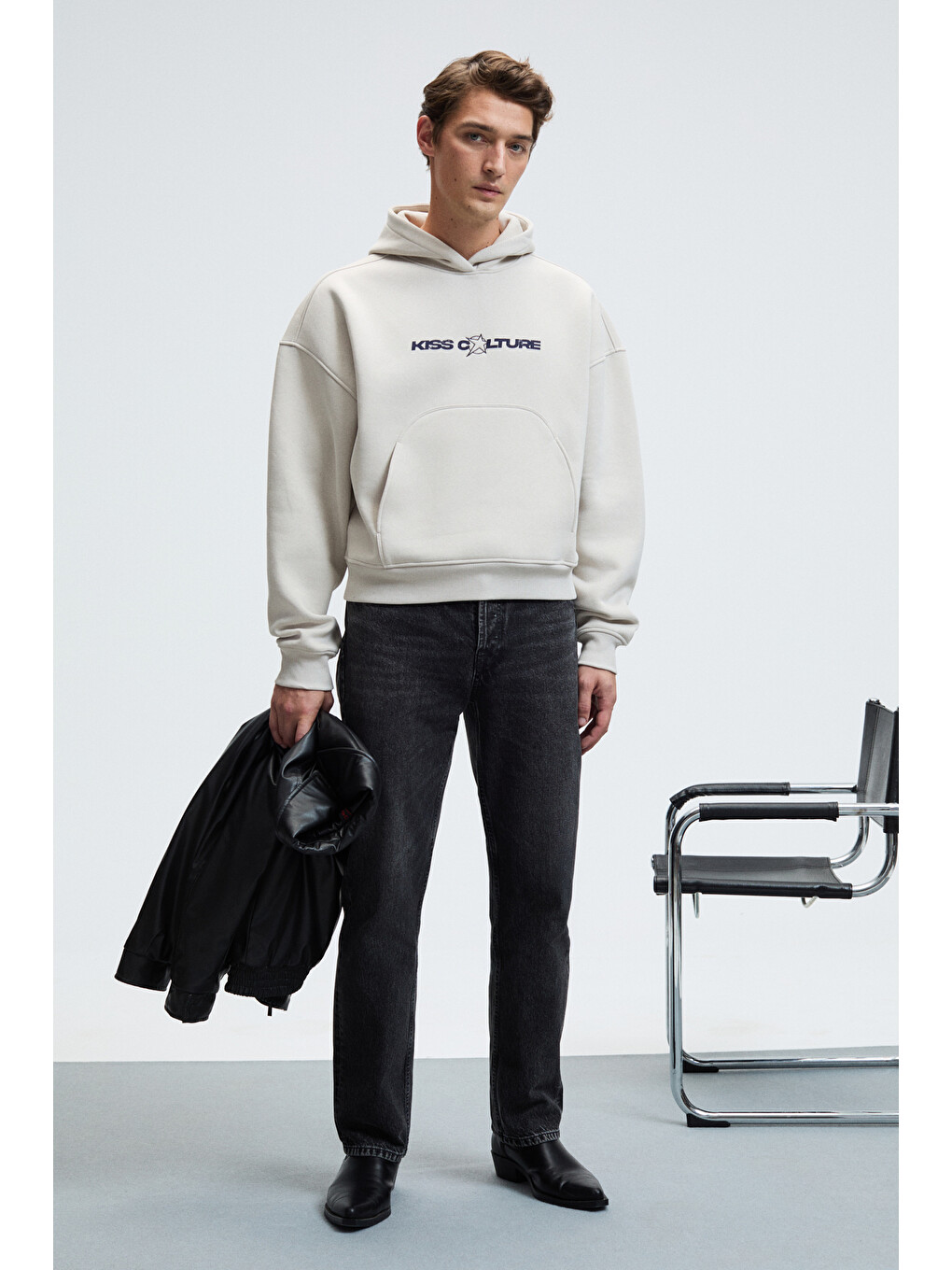 Truett Erkek Kapüşonlu Kanguru Cepli Önü Ve Sırtı Baskılı Oversize Gri Sweatshirt-2