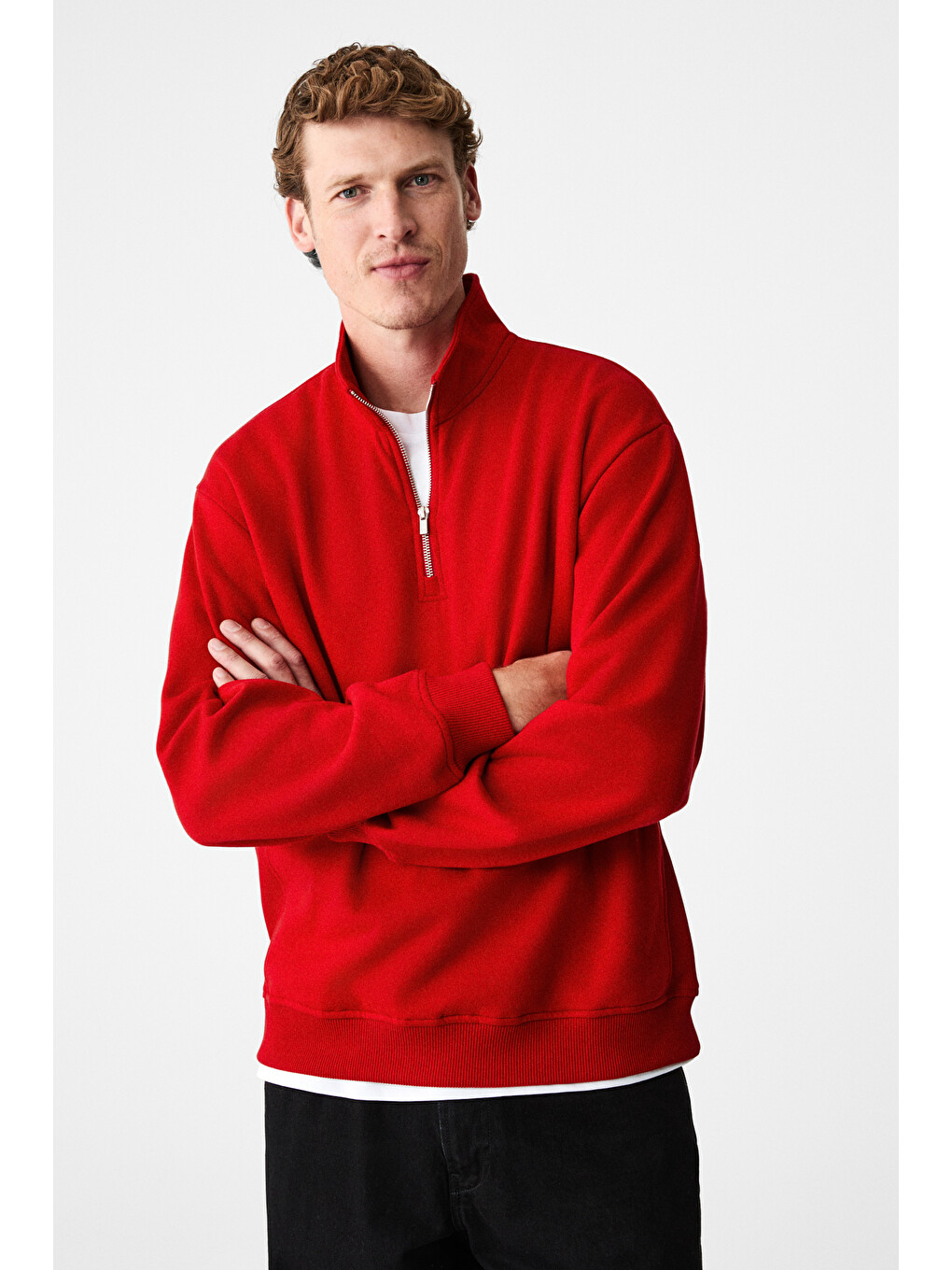 Velvety Erkek Pamuklu İçi Polarlı Dik Yaka Fermuarlı Uzun Kollu Regular Fit Kırmızı Sweatshirt-3