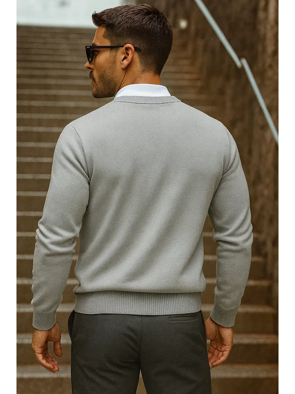 Erkek Günlük Trend Bisiklet Yaka Gri Triko Kazak-4