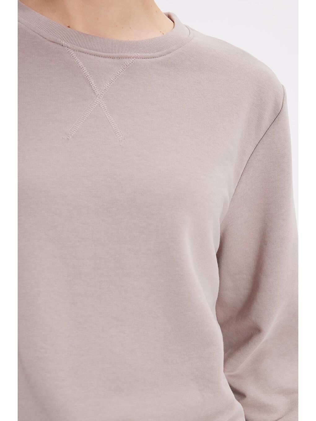 Kadın Oversize Geniş Kesim %100 Pamuk 3 İplik Basic Bej Bisiklet Yaka Sweatshirt-2