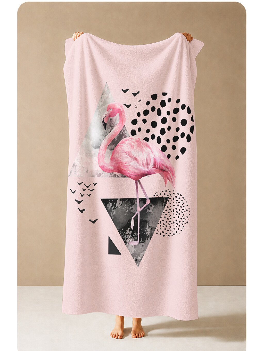 Modern Pembe Flamingo Geometrik Yazlık Desenli 70x150 Plaj Havlusu - Pamuklu Banyo Havlusu-3