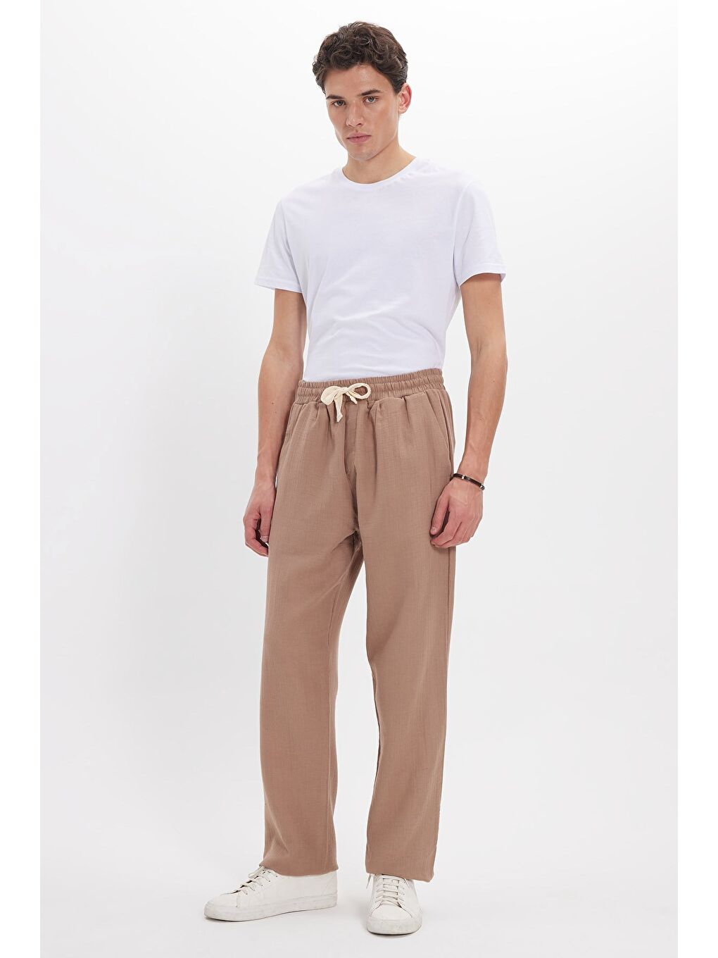 Erkek Baggy Fit Geniş Kesim %100 Pamuk Beli Lastikli Yandan Cepli Müslin Bej Düz Pantolon-2