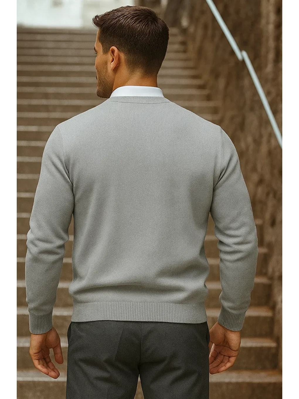 Erkek Günlük Trend Bisiklet Yaka Gri Triko Kazak-5