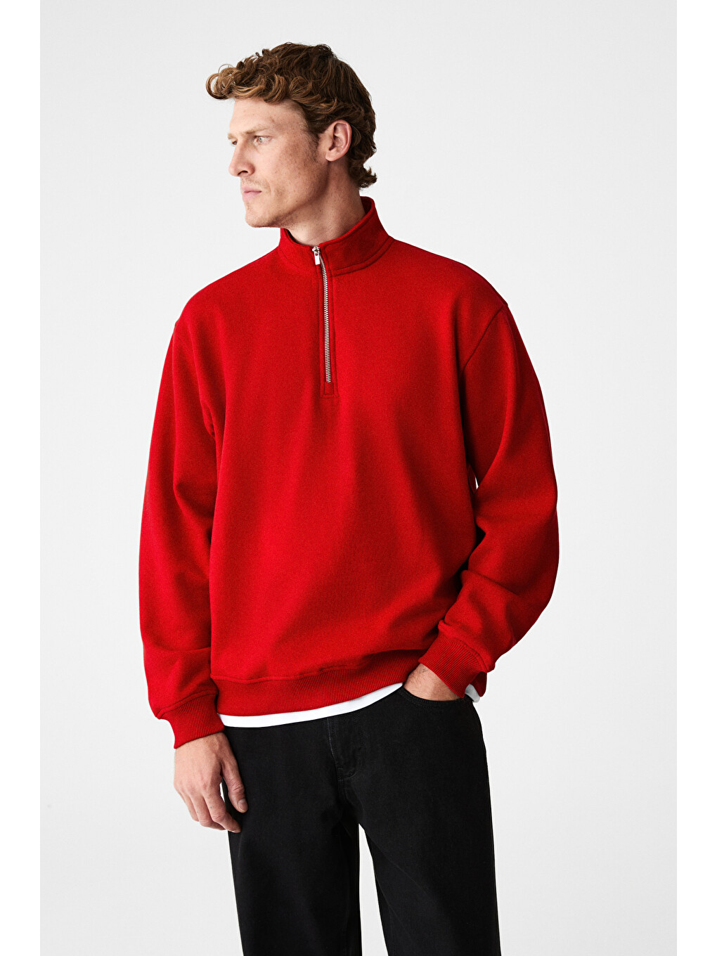 Velvety Erkek Pamuklu İçi Polarlı Dik Yaka Fermuarlı Uzun Kollu Regular Fit Kırmızı Sweatshirt-4