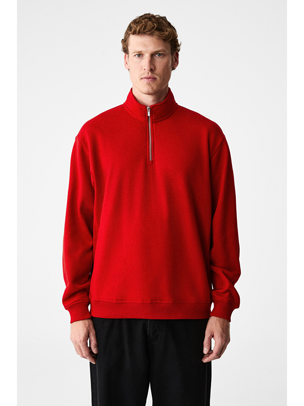 Velvety Erkek Pamuklu İçi Polarlı Dik Yaka Fermuarlı Uzun Kollu Regular Fit Kırmızı Sweatshirt-5