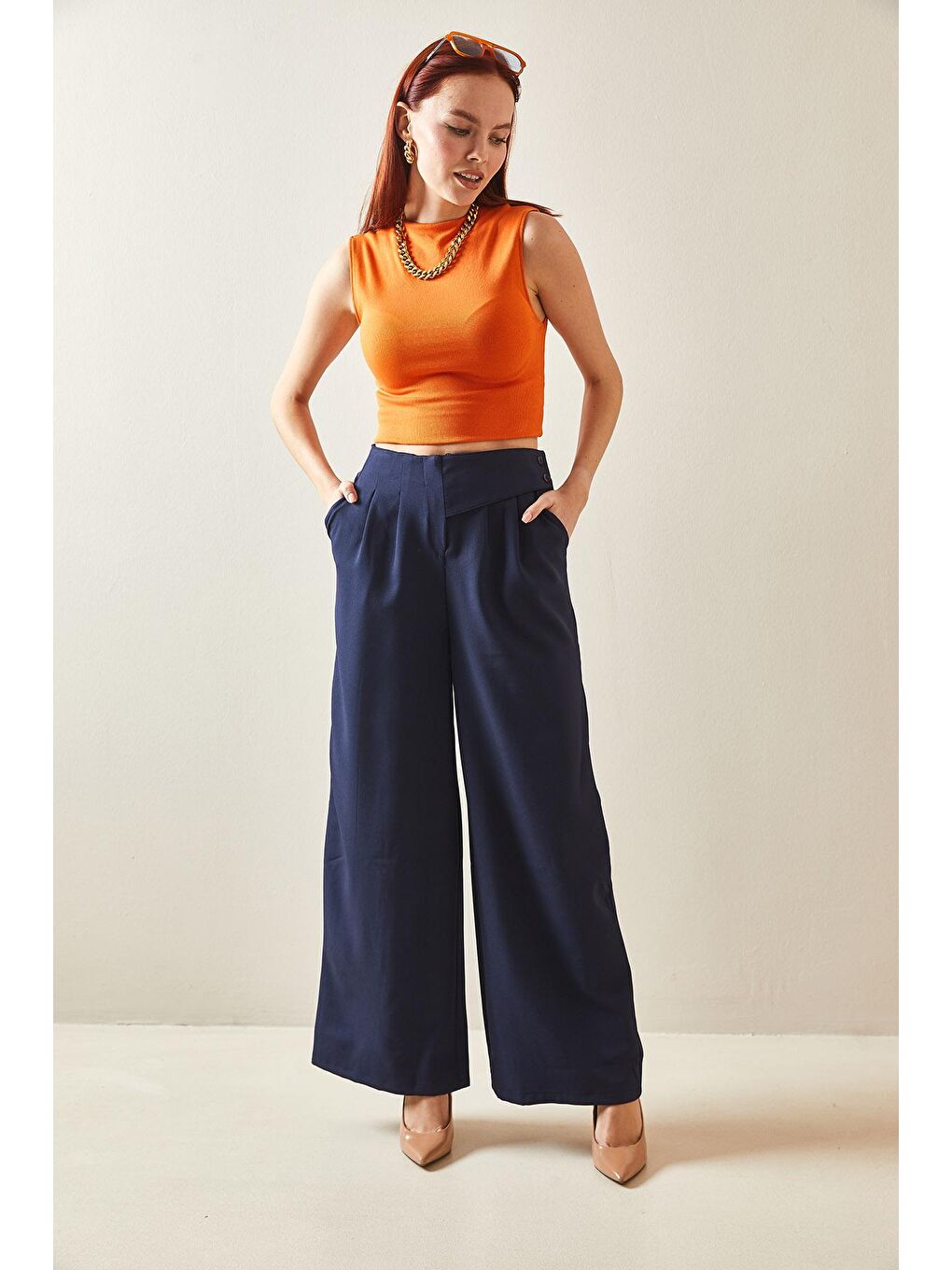 Lacivert Düğme Kemerli Yüsek Bel Palazzo Pantolon 5YXK5-48169-14