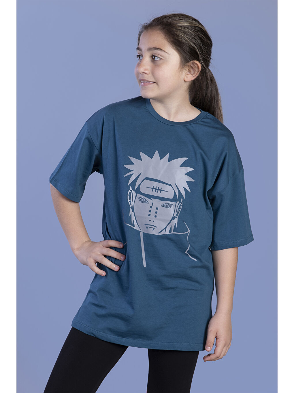 Petrol Unisex Çocuk Reflektör Baskılı Tişört-1