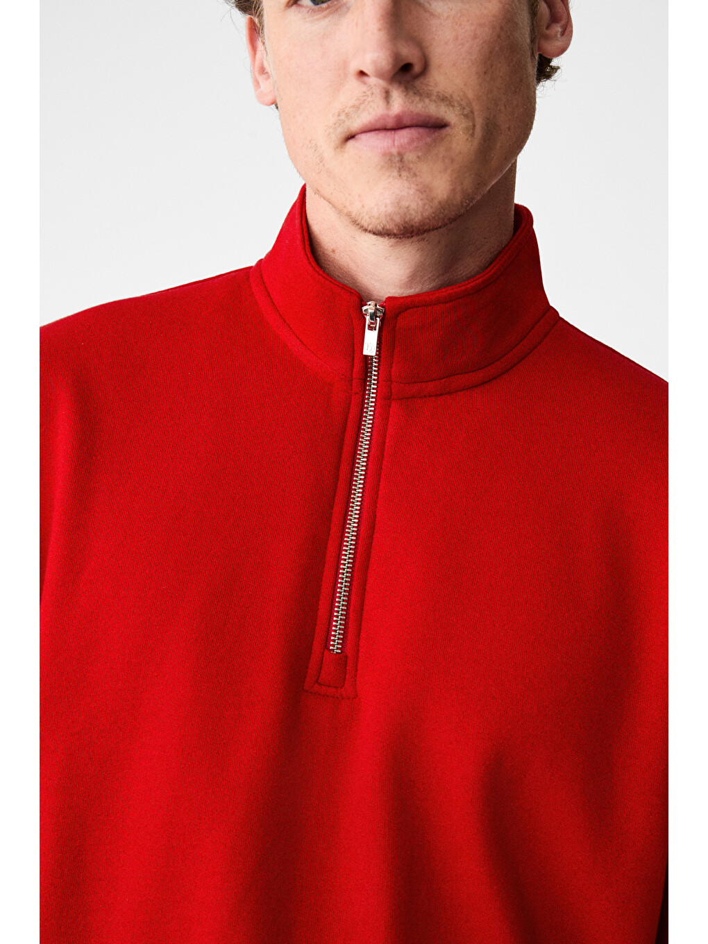 Velvety Erkek Pamuklu İçi Polarlı Dik Yaka Fermuarlı Uzun Kollu Regular Fit Kırmızı Sweatshirt-6