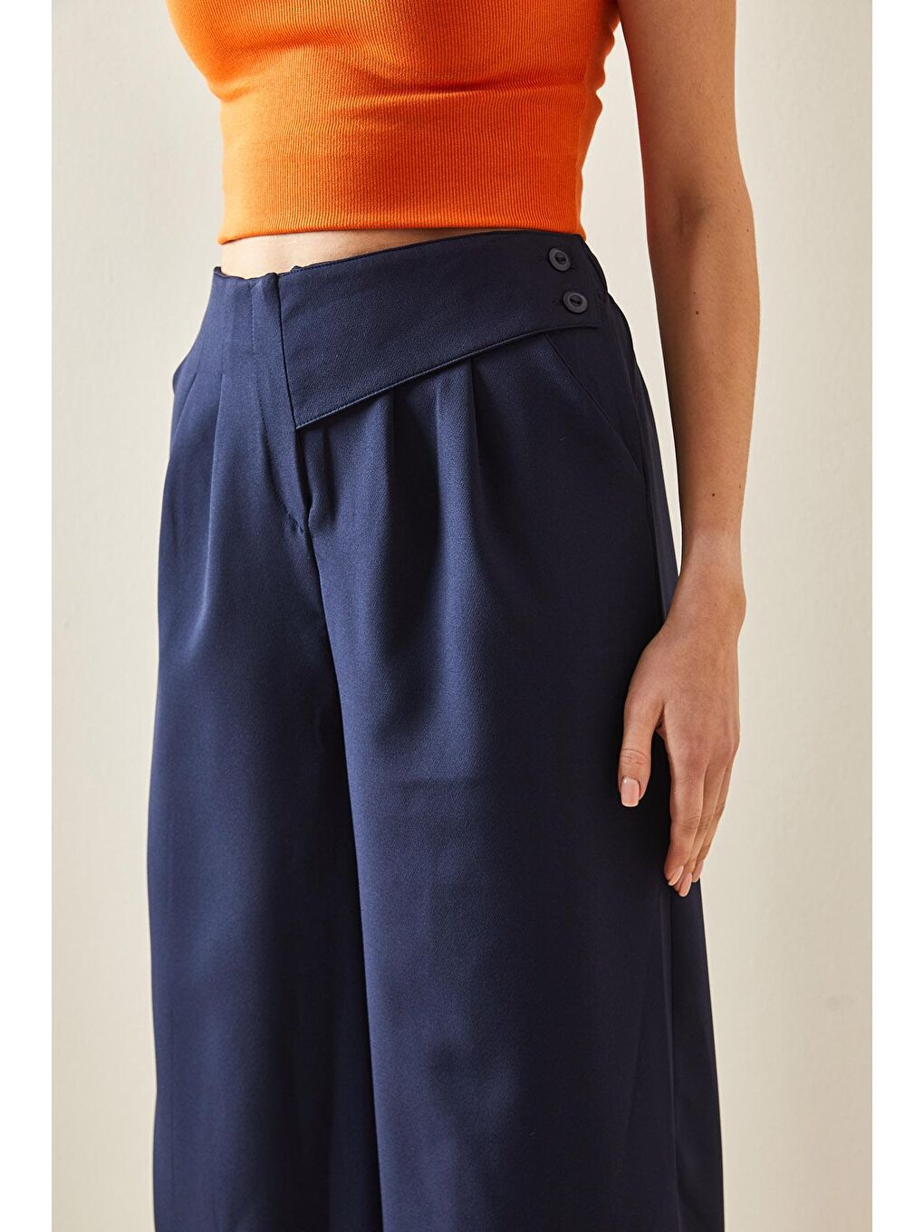 Lacivert Düğme Kemerli Yüsek Bel Palazzo Pantolon 5YXK5-48169-14-1