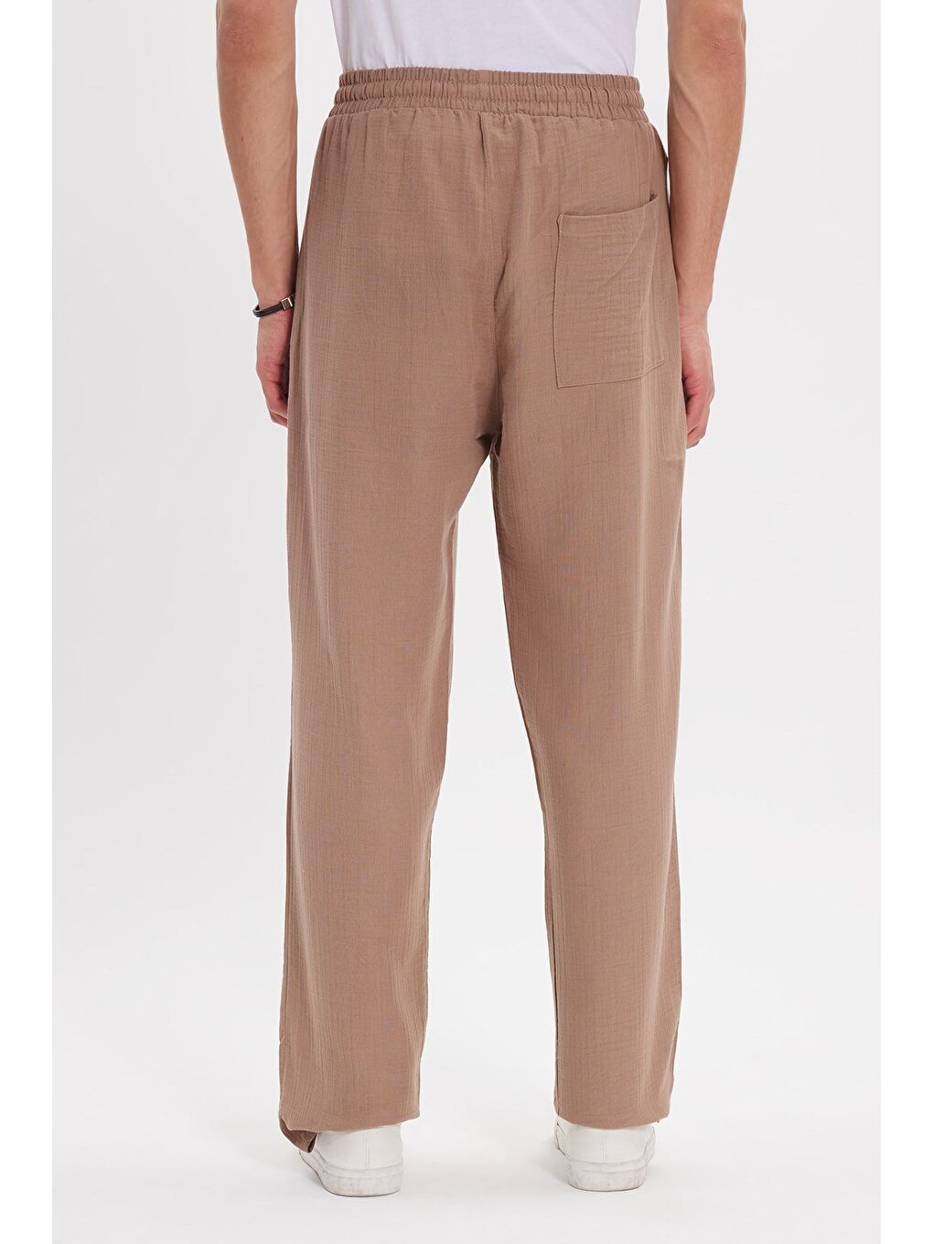 Erkek Baggy Fit Geniş Kesim %100 Pamuk Beli Lastikli Yandan Cepli Müslin Bej Düz Pantolon-5