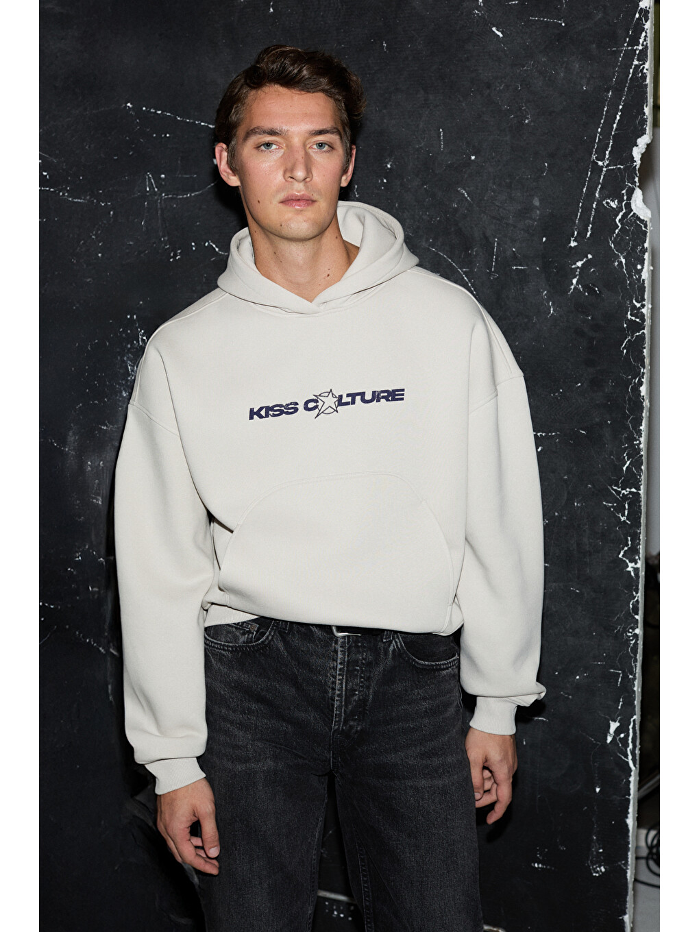 Truett Erkek Kapüşonlu Kanguru Cepli Önü Ve Sırtı Baskılı Oversize Gri Sweatshirt-3