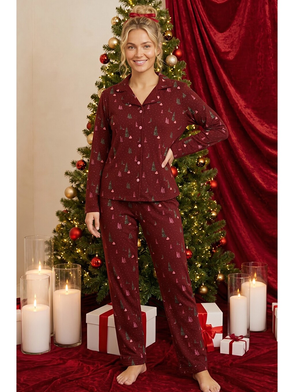 Bordo Yılbaşı Temalı Desenli Termal Kumaşlı Ultra Soft Yumuşak Düğmeli Örme Pijama Takımı-1